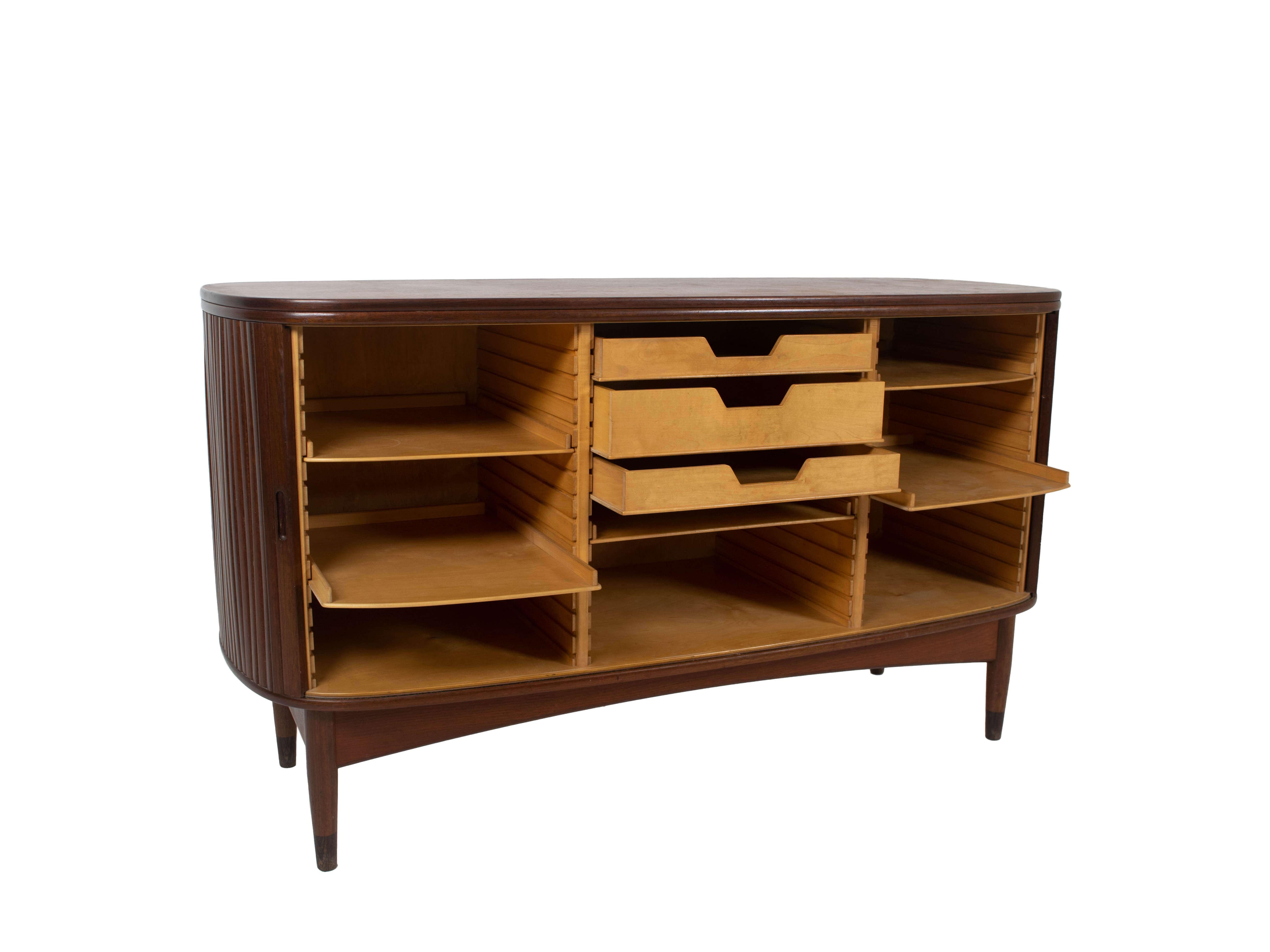 Mid-20th Century Danish Vintage Sideboard with Tambour Doors in Teak Veneer, 1950s