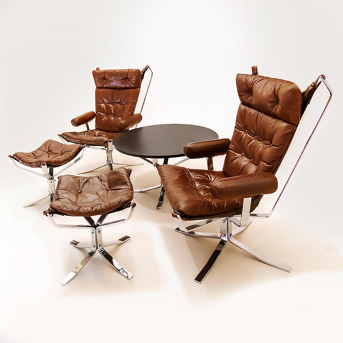 Danish vintage 'Superstar' chrome and leather Sigurd Ressell Falcon style lounge chair set in brown leather and Chrome.

An incredibly rare complete and original ‘Superstar’ lounge set by Mid Century Danish furniture producer Trygg Mobler that was