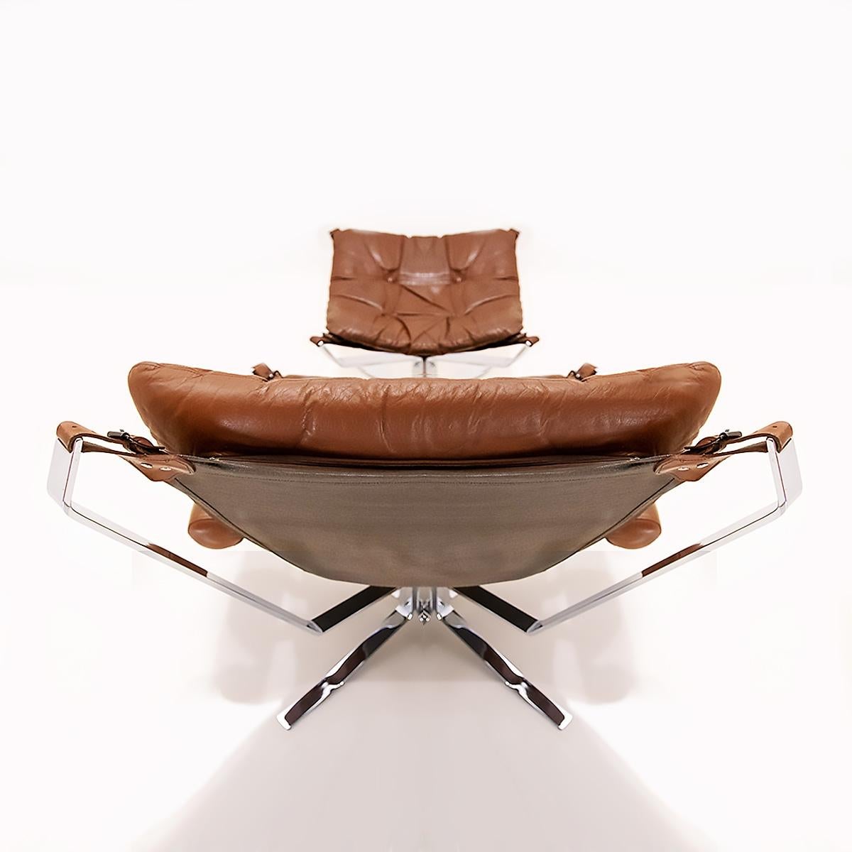 Danish Vintage 'Superstar' Chrome and Leather Sigurd Ressell Falcon Style Chairs In Good Condition In Highclere, Newbury