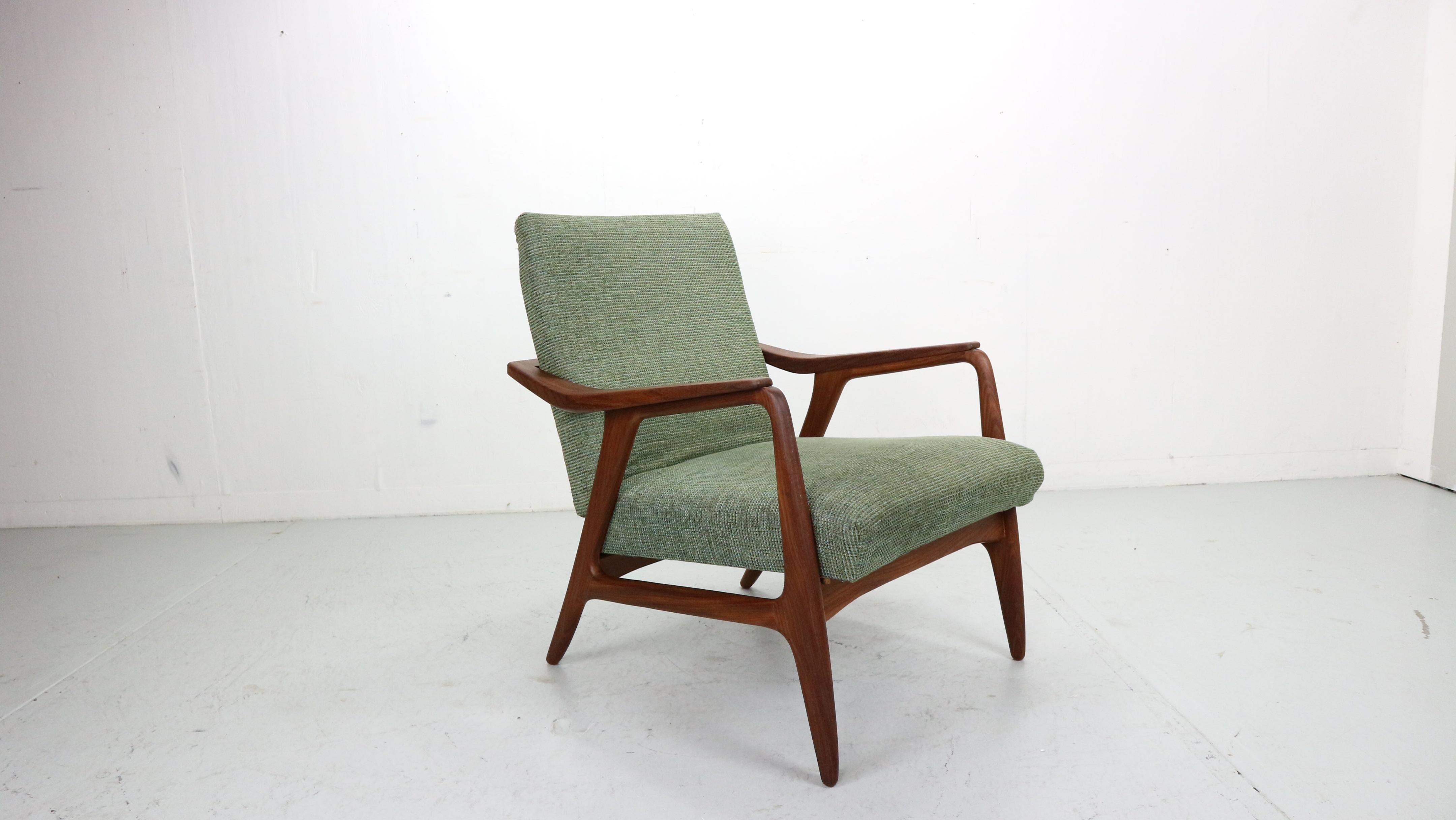 Mid-Century Modern Danish vintage teak Armchair in green fabric, 1960's For Sale