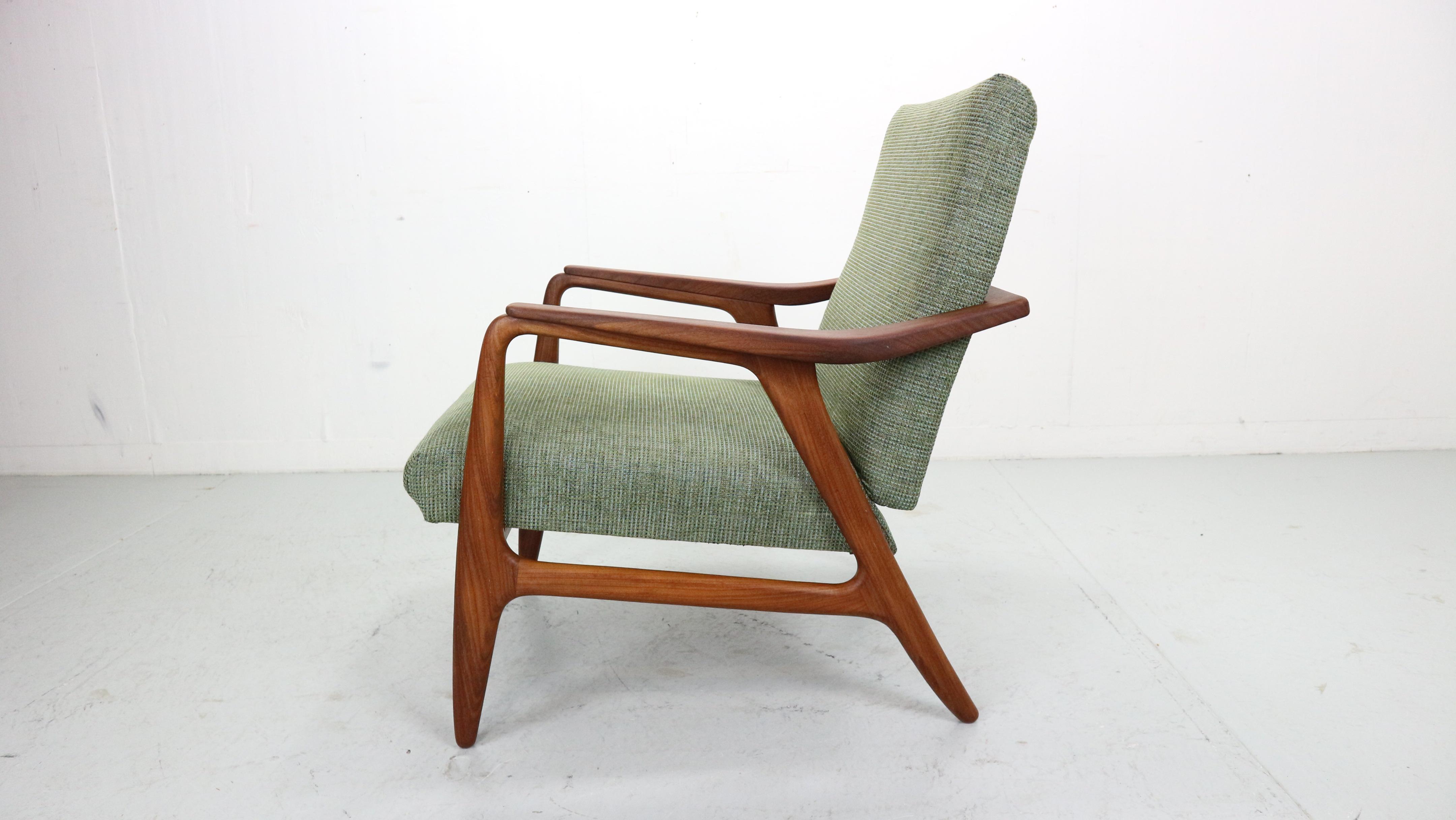 Fabric Danish vintage teak Armchair in green fabric, 1960's For Sale