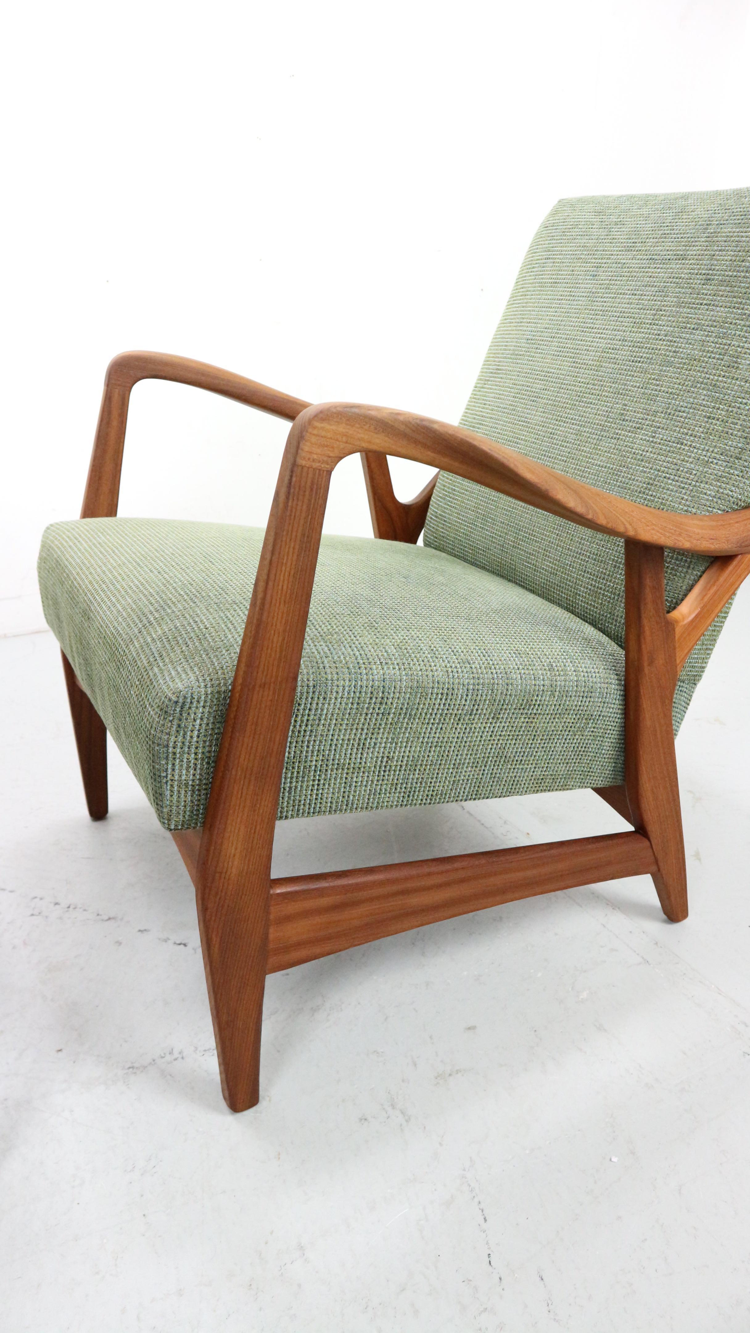 Danish vintage teak organic shaped Armchair in green fabric, 1960's For Sale 9