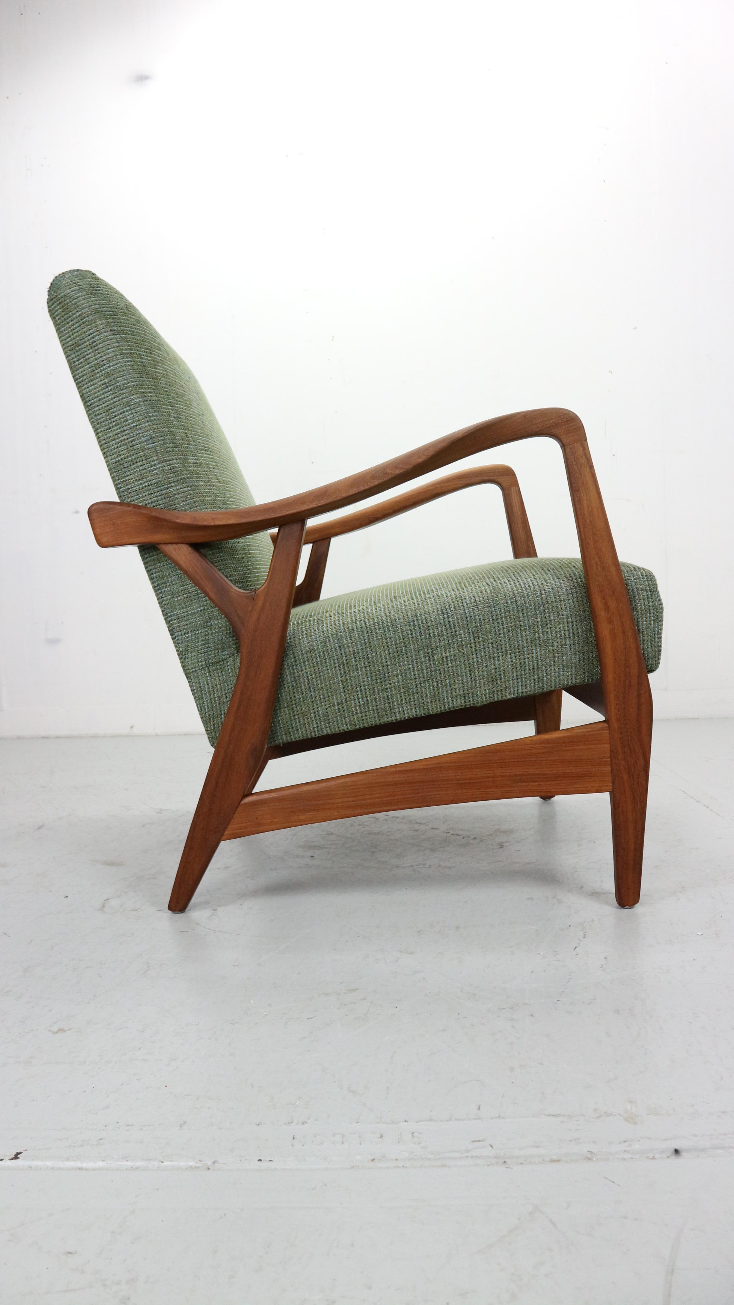 Mid-Century Modern Danish vintage teak organic shaped Armchair in green fabric, 1960's For Sale