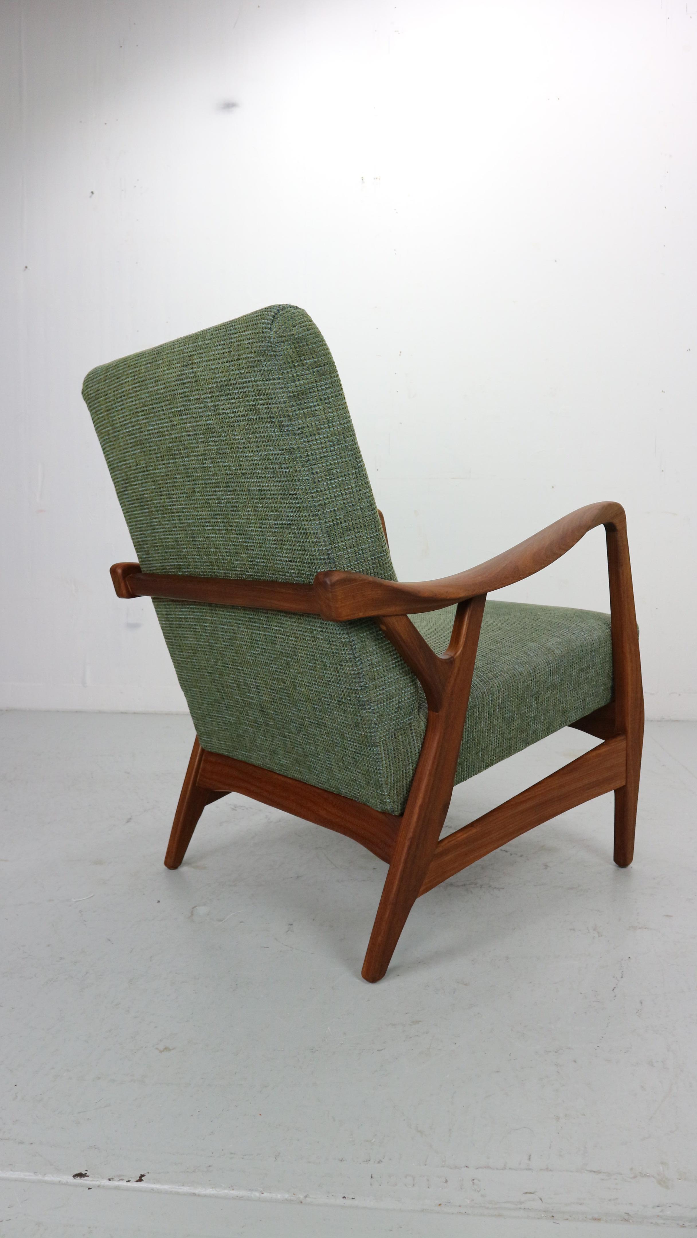 20th Century Danish vintage teak organic shaped Armchair in green fabric, 1960's For Sale
