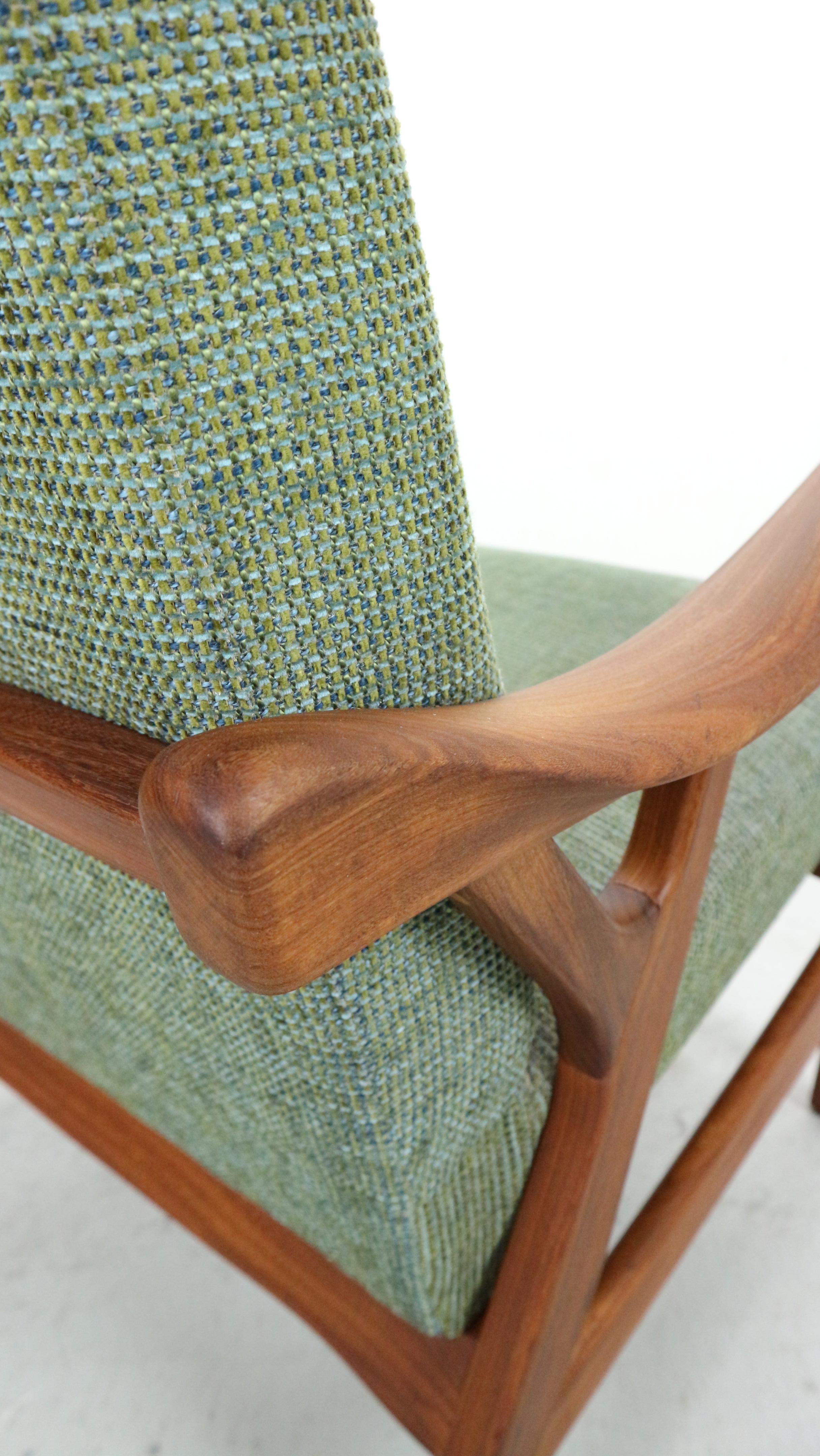 Fabric Danish vintage teak organic shaped Armchair in green fabric, 1960's For Sale