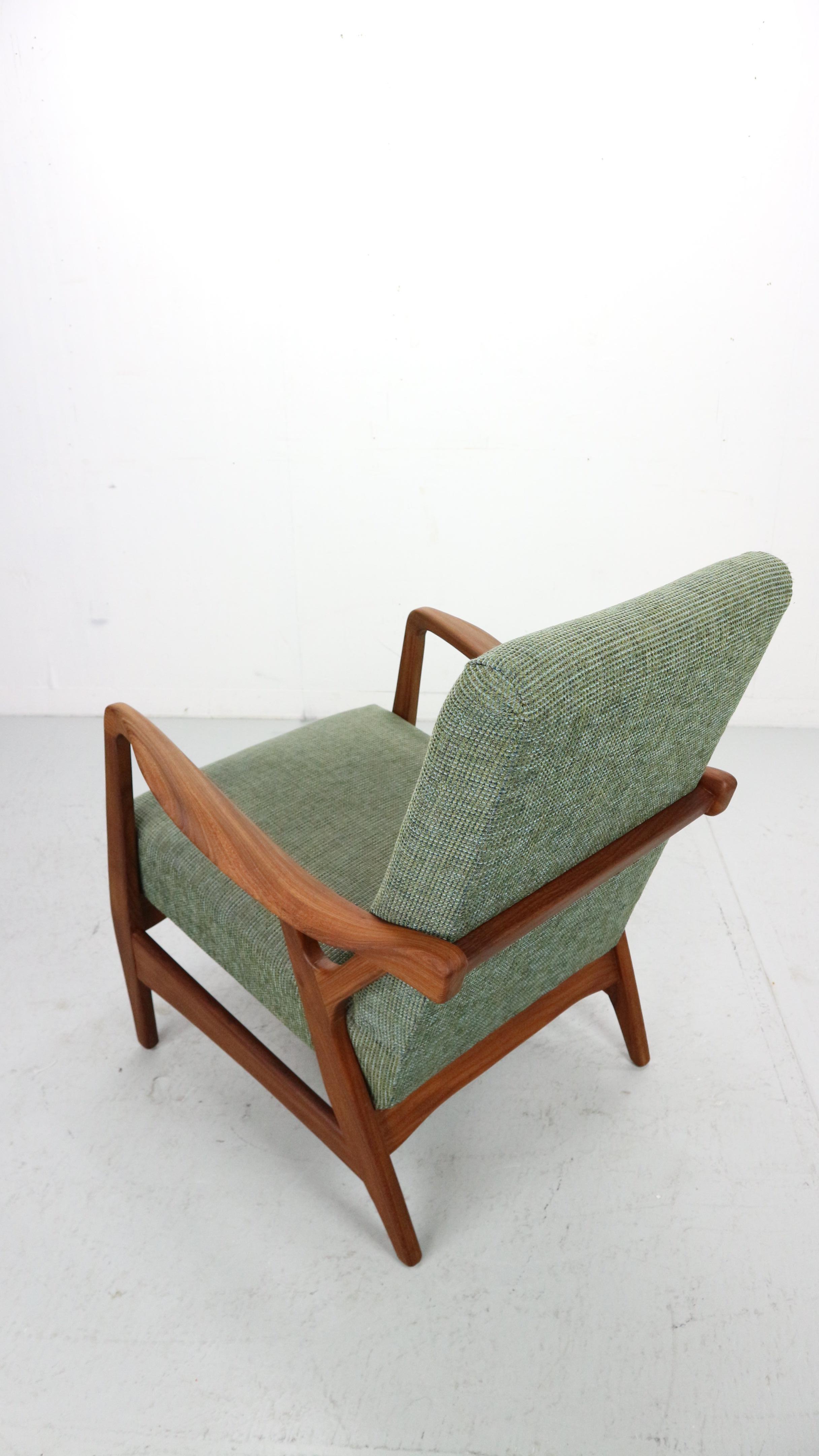 Danish vintage teak organic shaped Armchair in green fabric, 1960's For Sale 1