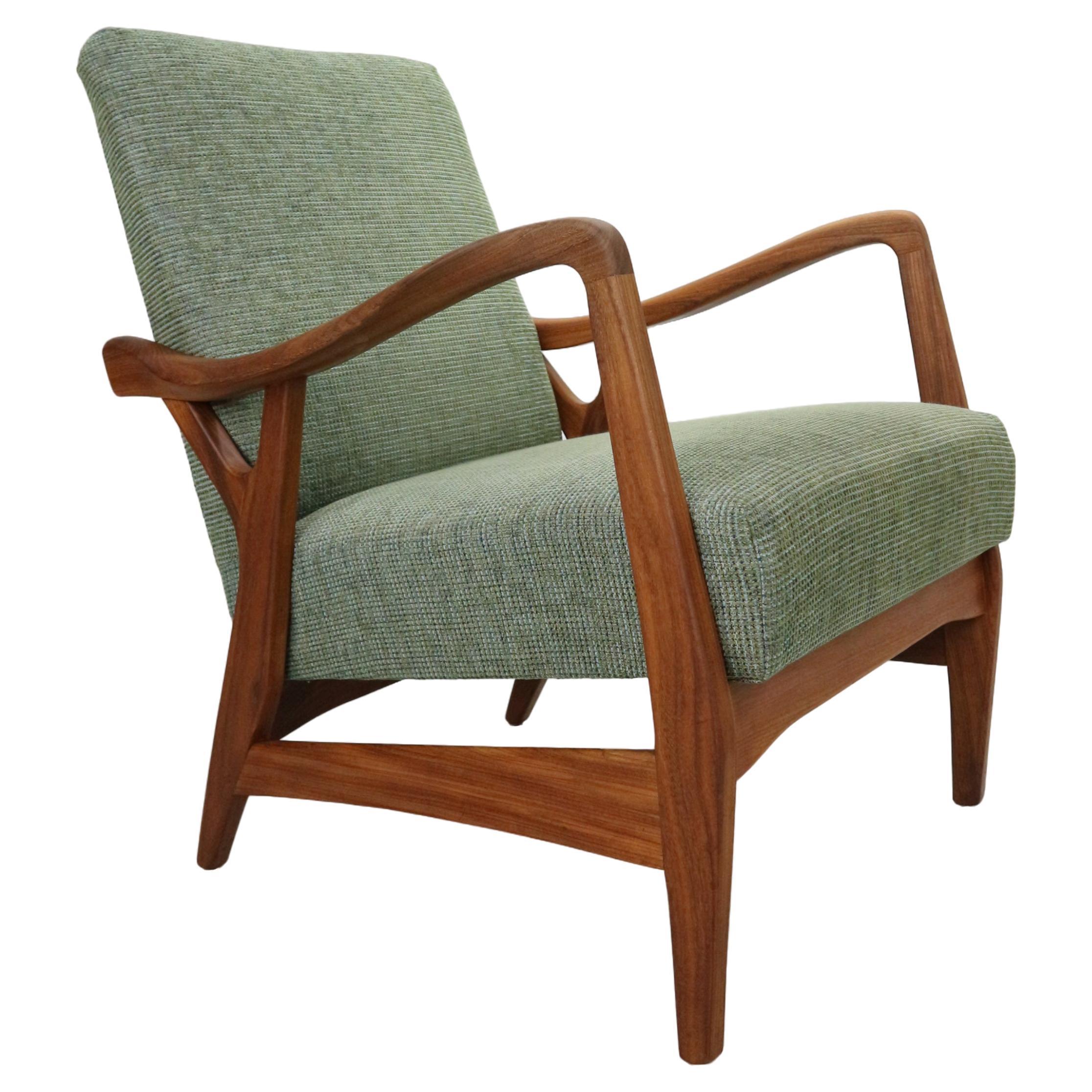 Danish vintage teak organic shaped Armchair in green fabric, 1960's