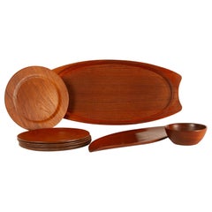 Juego de 9 bandejas, platos y cuencos daneses vintage de teca de los años 60