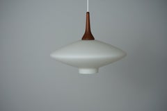 Danish Vintage UFO Lamp in Opal Glass and Teak 1960s