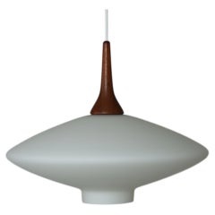 Danish Vintage UFO Lamp in Opal Glass and Teak 1960s