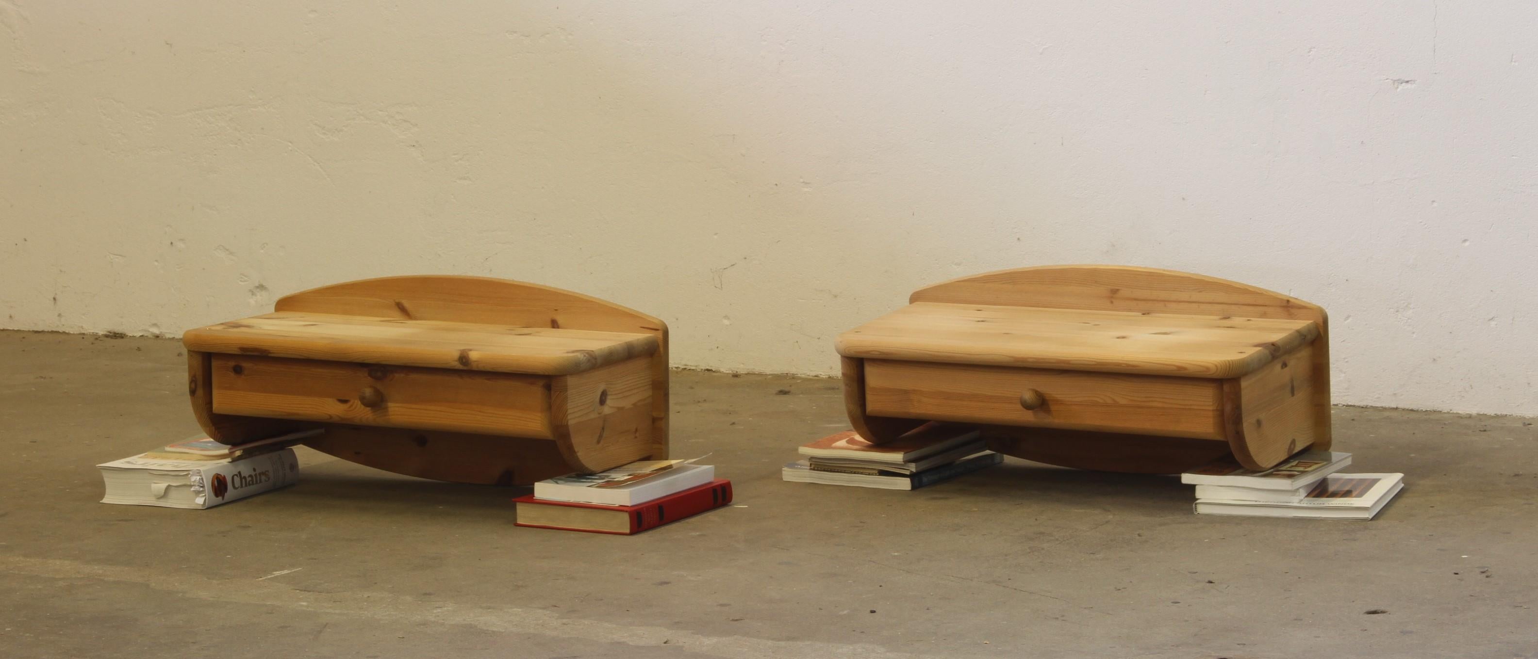 A set of two floating bedside shelves in solid pine wood. Their thick, rounded design gives them a brutalist yet minimalistic look. The smooth-gliding drawer offers space for essentials like a wallet, phone, and book.

Unmarked but possibly vintage