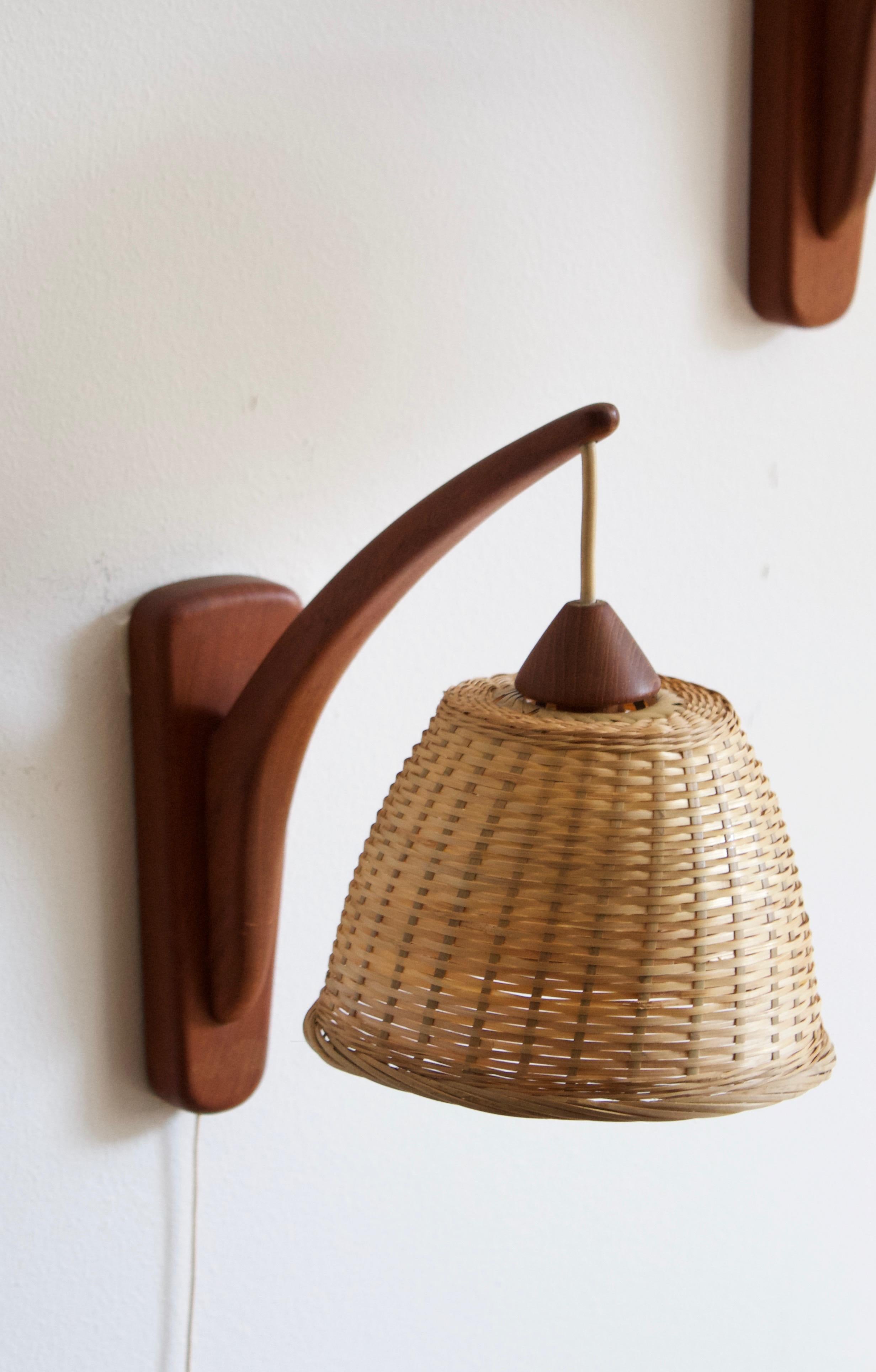 Danish, Wall Lights, Teak, Rattan, Rubber Denmark, 1950s In Good Condition In High Point, NC