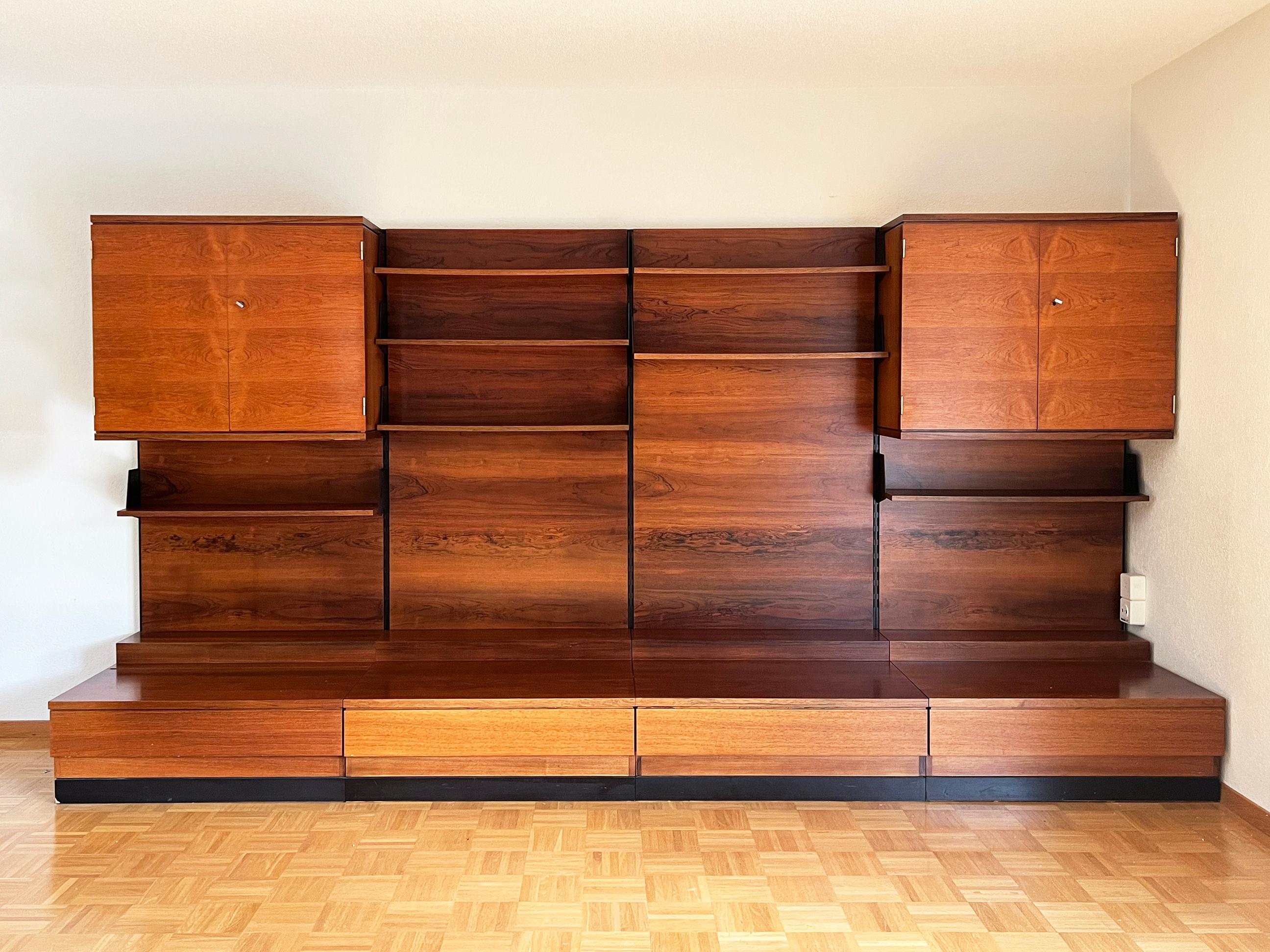 Mid-Century Modern Danish Wall Unit in Rose Teak, w/ seats, 4 panels, Cabinets w/ keys, Shelves For Sale