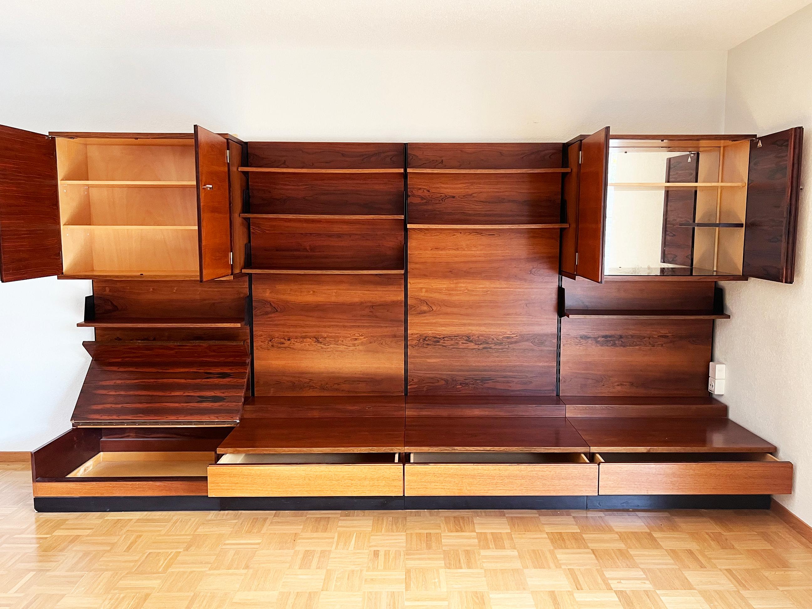 Danish Wall Unit in Rose Teak, w/ seats, 4 panels, Cabinets w/ keys, Shelves In Good Condition For Sale In Basel, BS