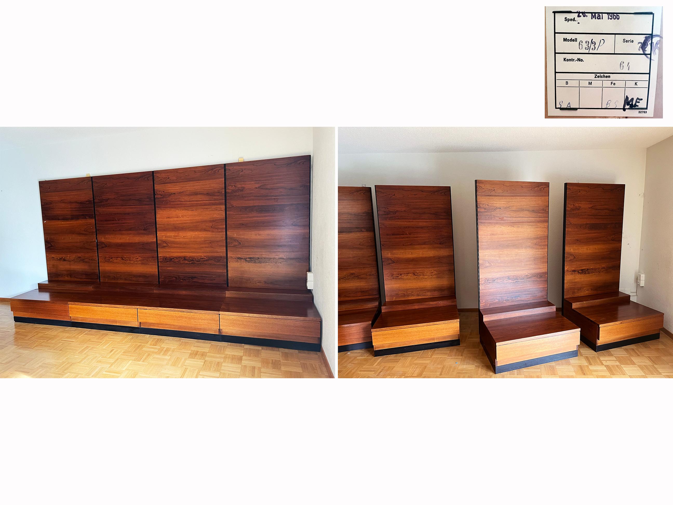 Danish Wall Unit in Rose Teak, w/ seats, 4 panels, Cabinets w/ keys, Shelves For Sale 1