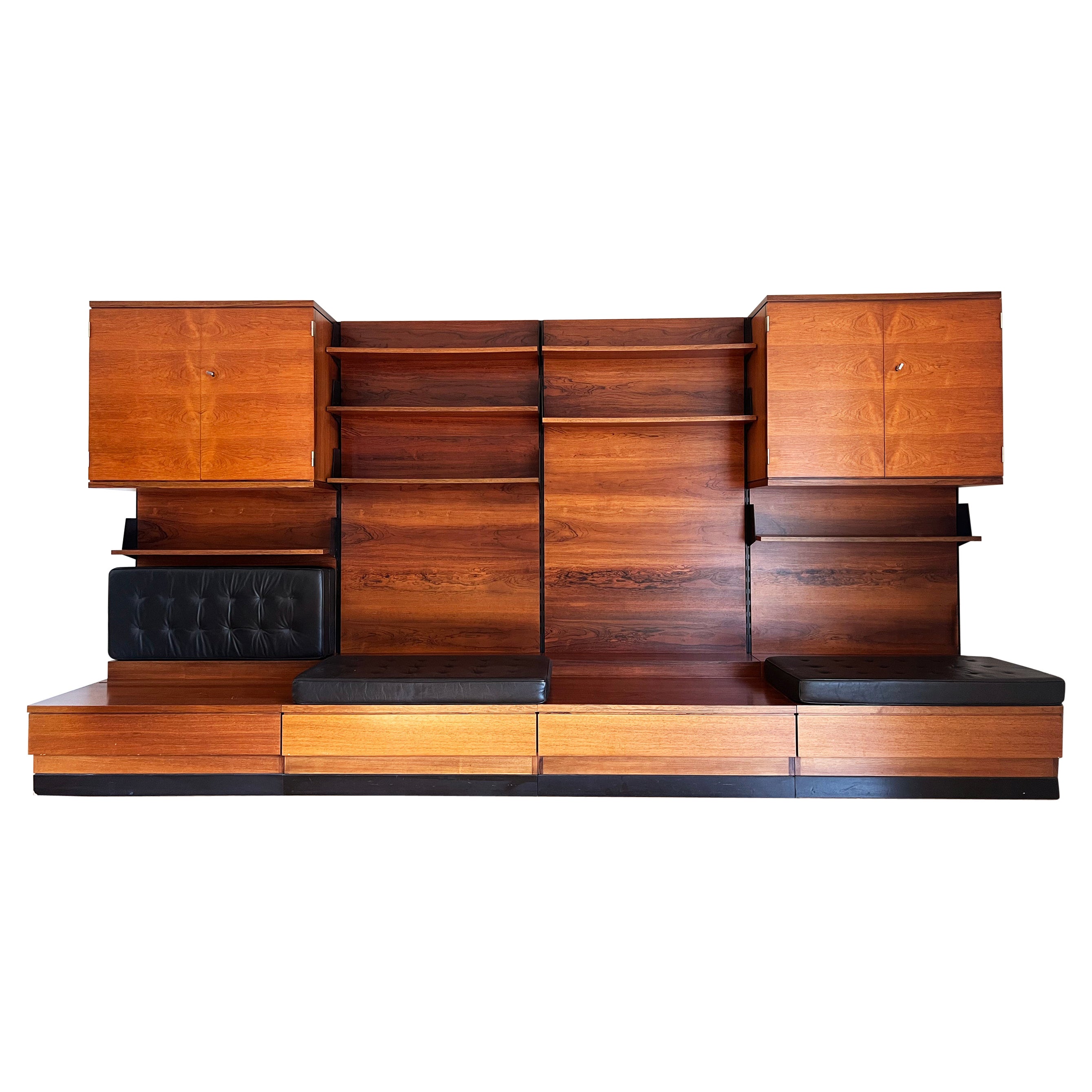 Danish Wall Unit in Rose Teak, w/ seats, 4 panels, Cabinets w/ keys, Shelves