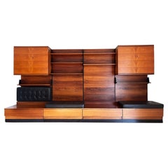 Danish Wall Unit in Rose Teak, w/ seats, 4 panels, Cabinets w/ keys, Shelves