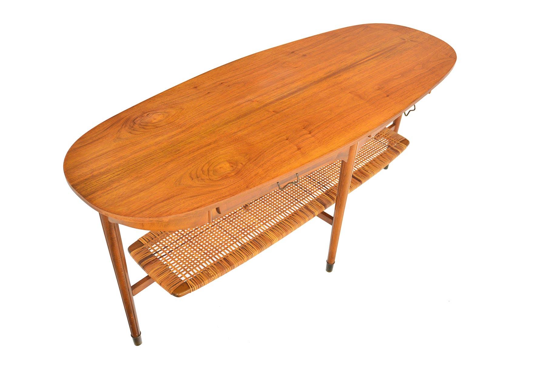 20th Century Danish Walnut and Brass Coffee Table with Cane Rack
