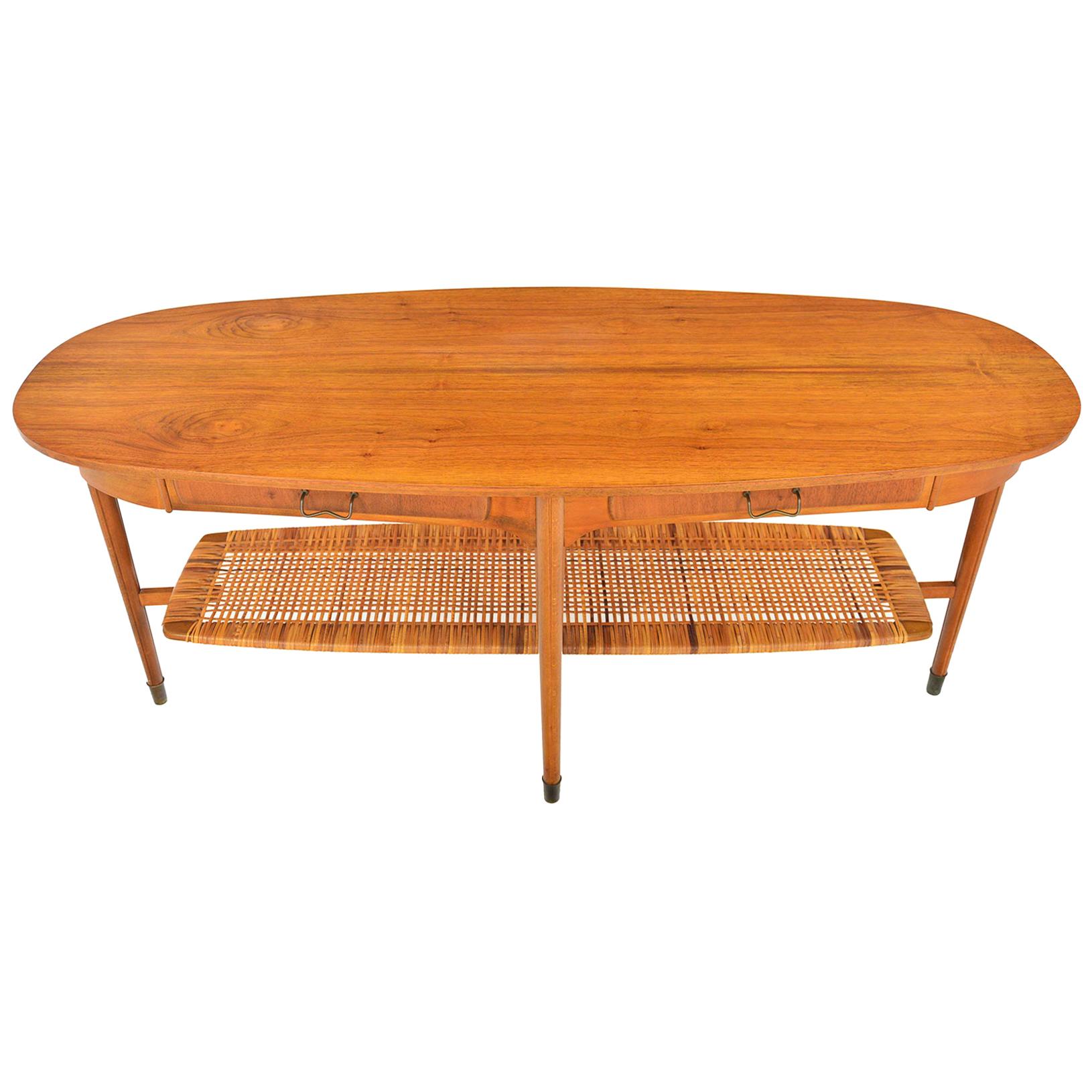 Danish Walnut and Brass Coffee Table with Cane Rack