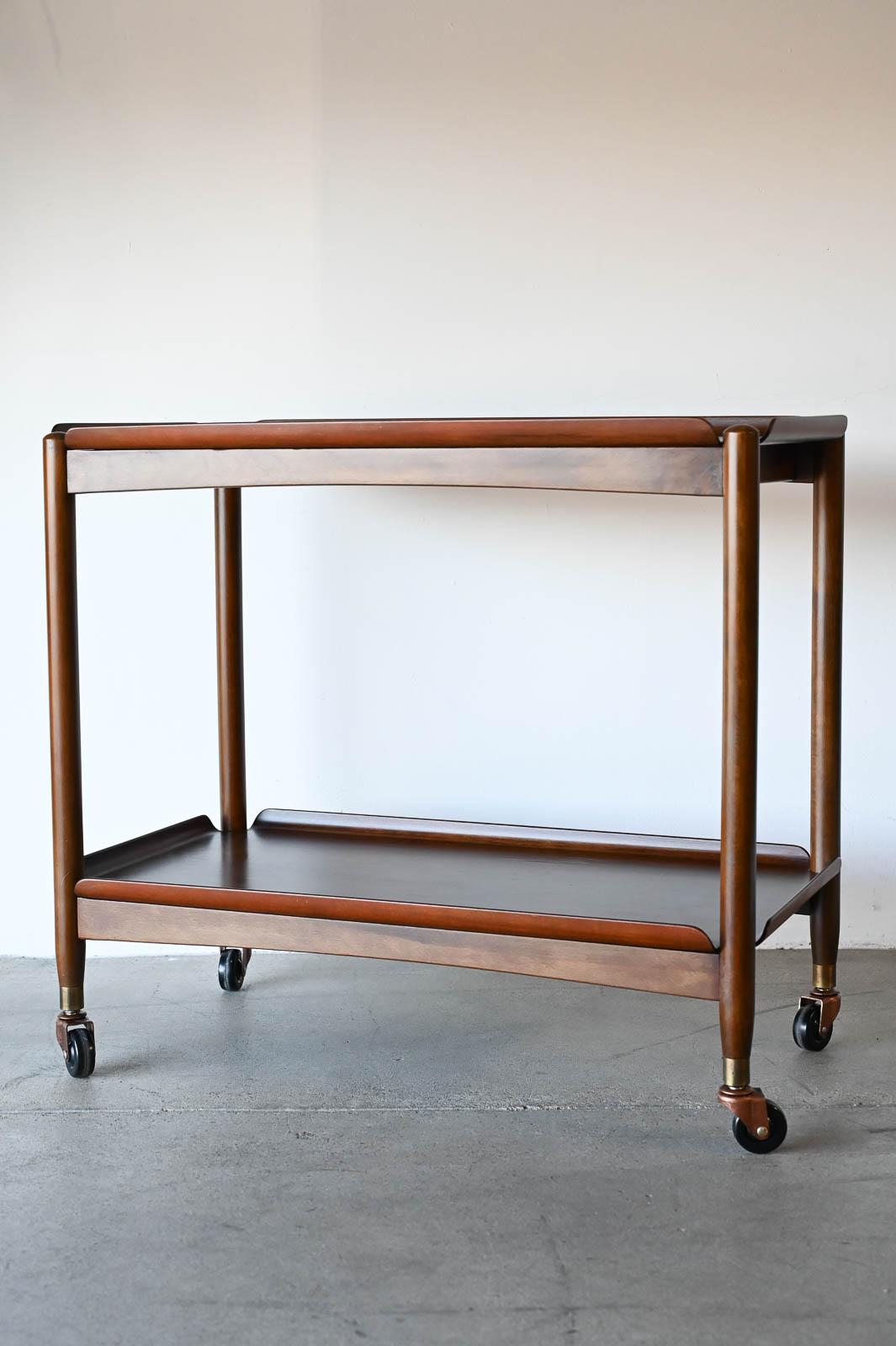Danish Walnut Collapsible Bar or Service Cart with Removable Trays, ca. 1960  Beautiful removable walnut bentwood veneer trays with solid walnut frame.  Frame is hinged and easily folds down to just inches for storage.  Trays are removable for