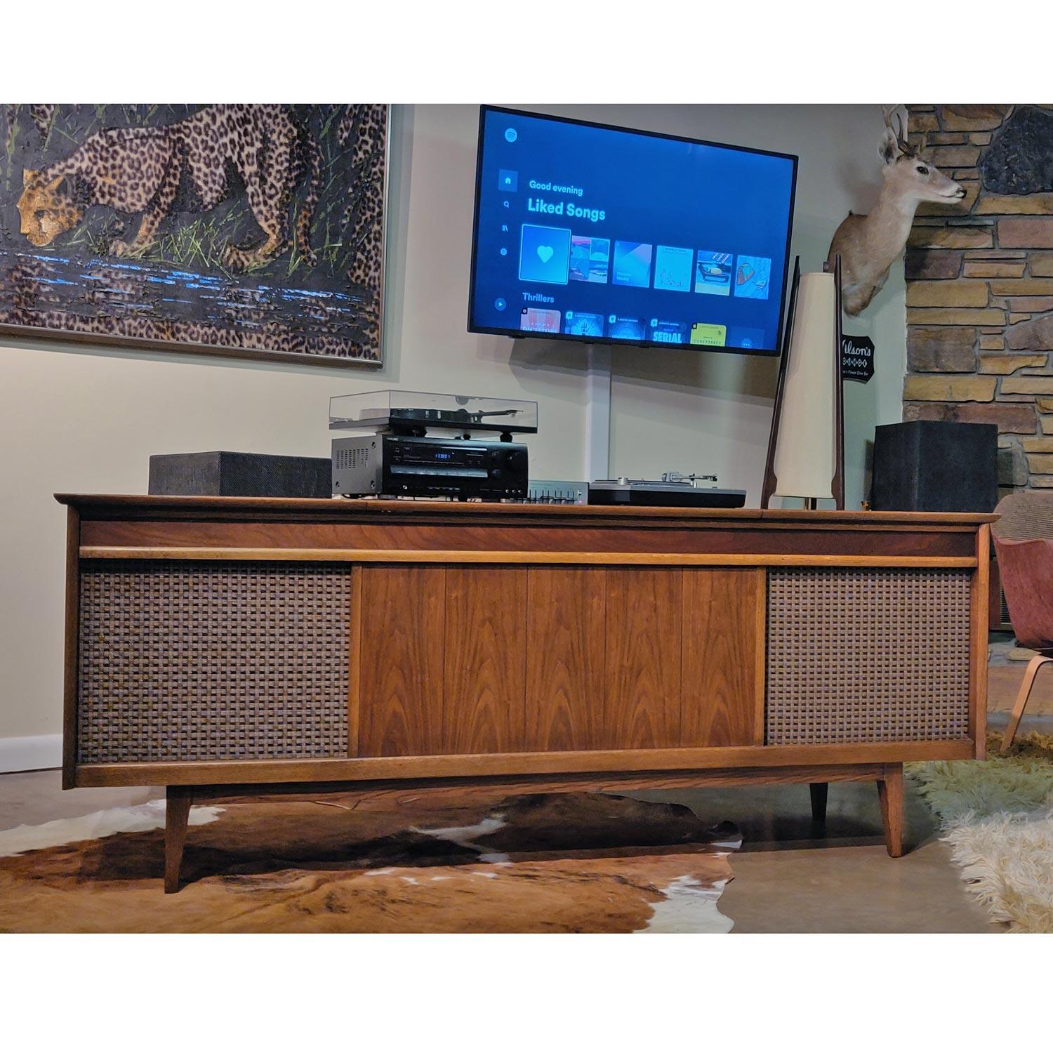 Danish Walnut Credenza Style Console Stereo Cabinet with Original Speakers 4