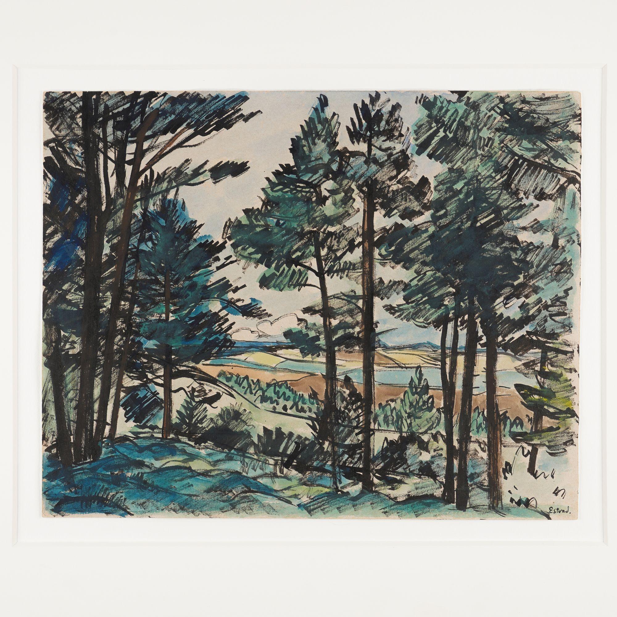 Highly expressive and dynamic watercolor landscape of a pine forest in tones of blues, greens, and browns. The paper has been conserved, de-acidified, and float mounted on archival mat and framed in a satin chrome molding under UV filtering