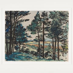 Danish watercolor landscape of a pine forest by Leo Estvad, c. 1930