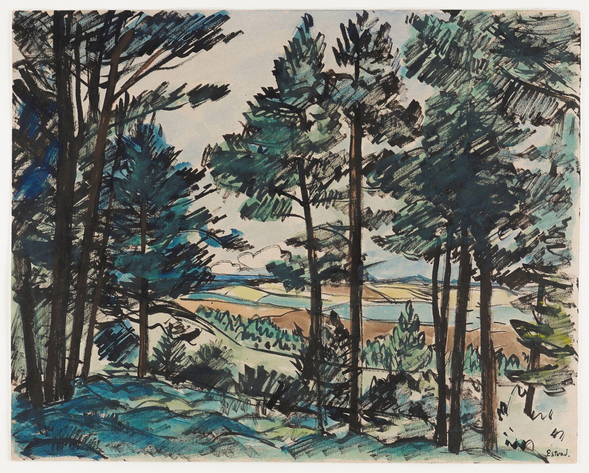 Danish watercolor landscape of a pine forest by Leo Estvad, c. 1930 In Good Condition For Sale In Kenilworth, IL