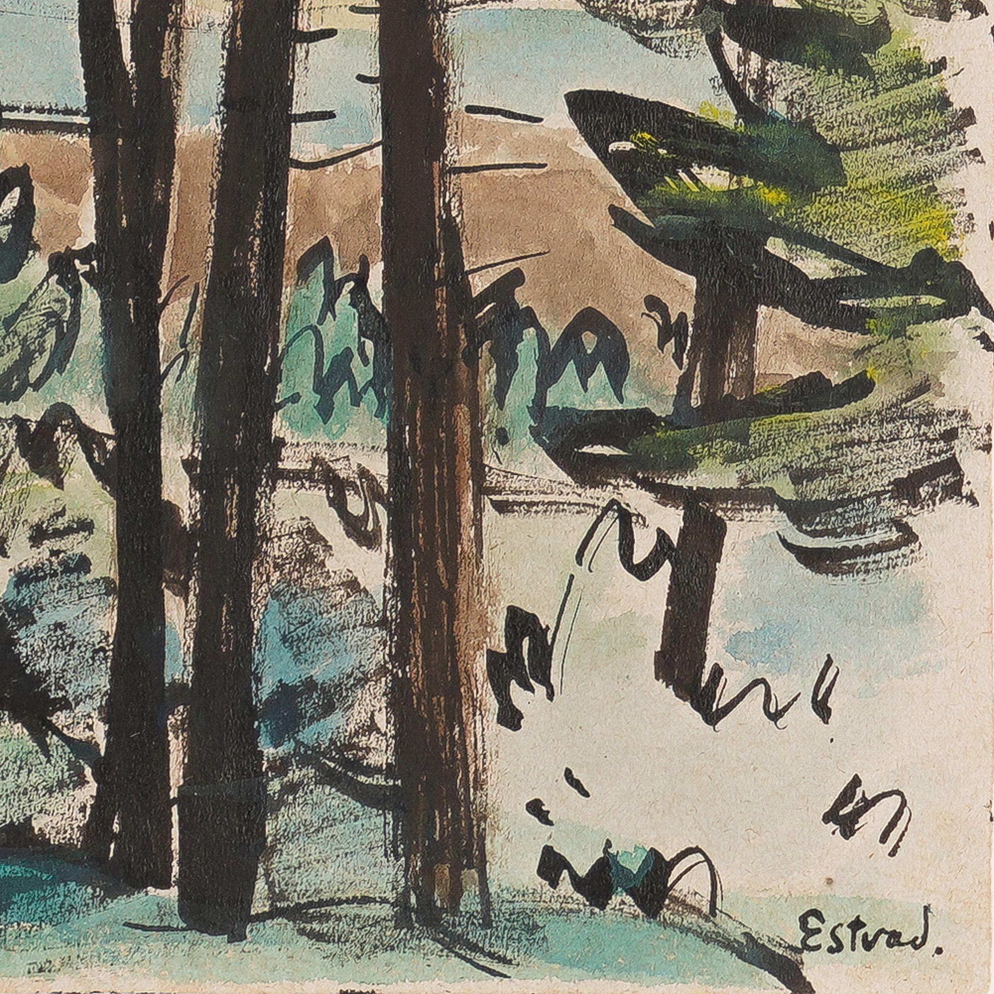 Aquarelle danoise d'une forêt de pins par Leo Estvad, vers 1930 Bon état - En vente à Kenilworth, IL