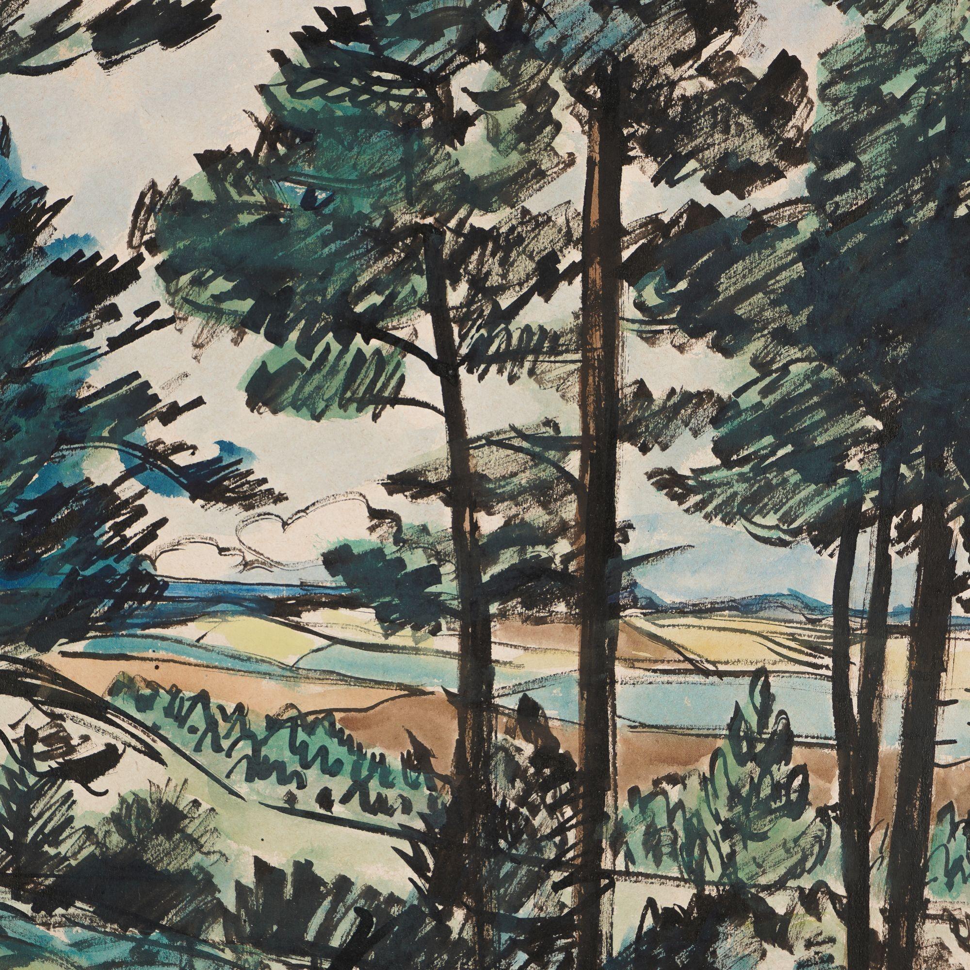 Paper Danish watercolor landscape of a pine forest by Leo Estvad, c. 1930 For Sale