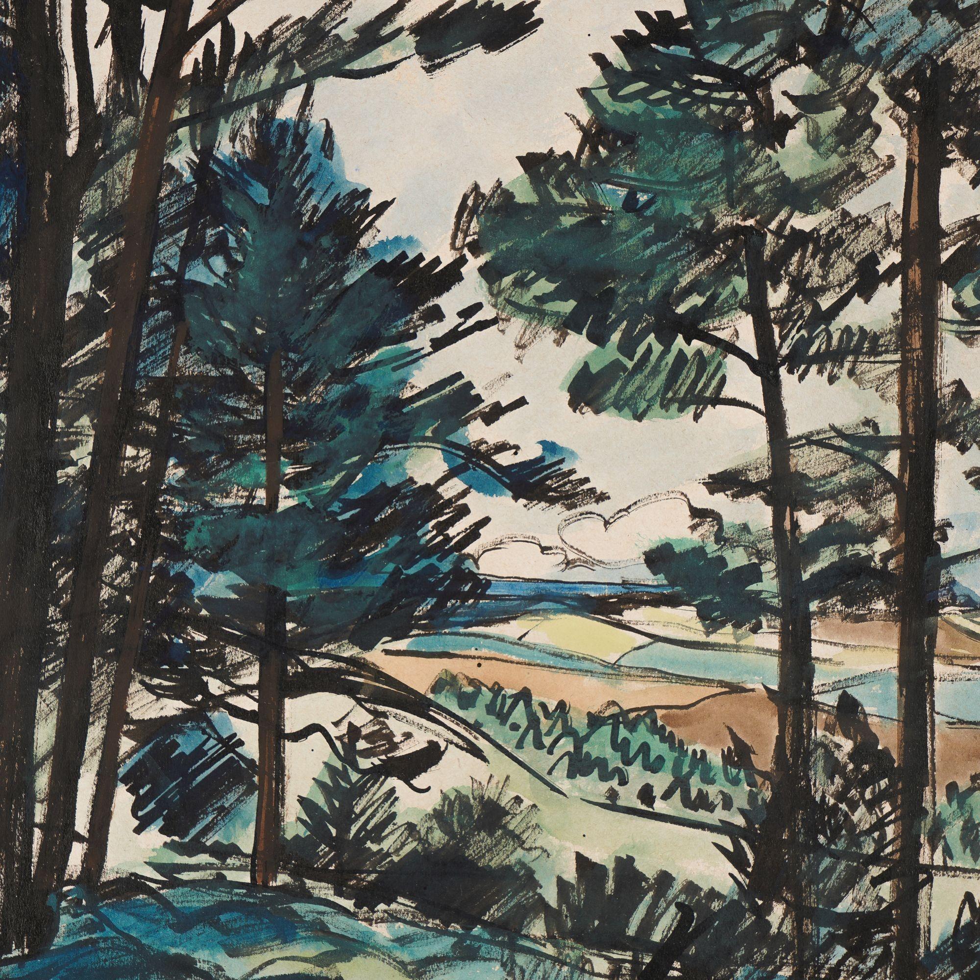 Danish watercolor landscape of a pine forest by Leo Estvad, c. 1930 For Sale 1