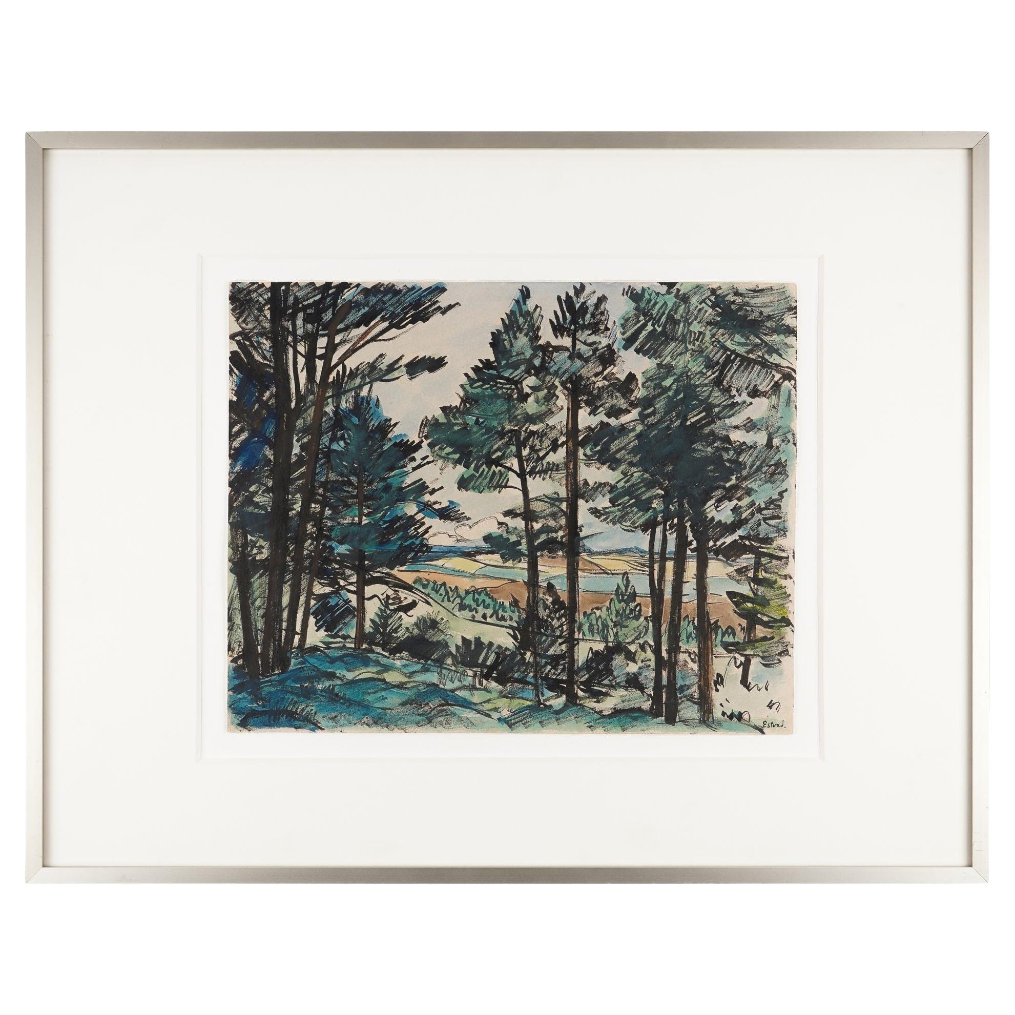 Danish watercolor landscape of a pine forest by Leo Estvad, c. 1930 For Sale