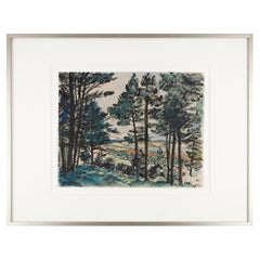 Danish watercolor landscape of a pine forest by Leo Estvad, c. 1930