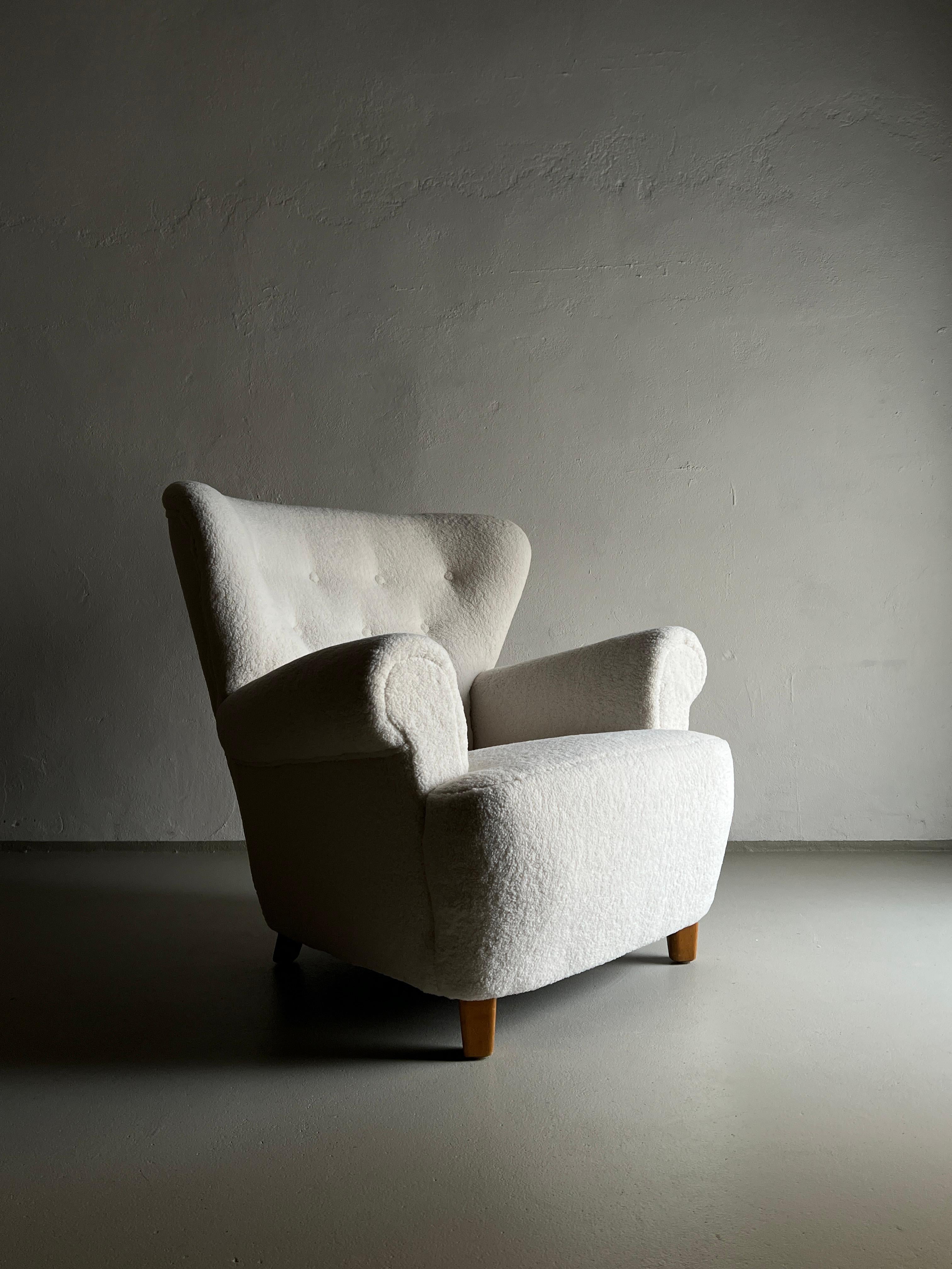 Minimalist Danish White Faux Shearling Lounge Chair, 1940s