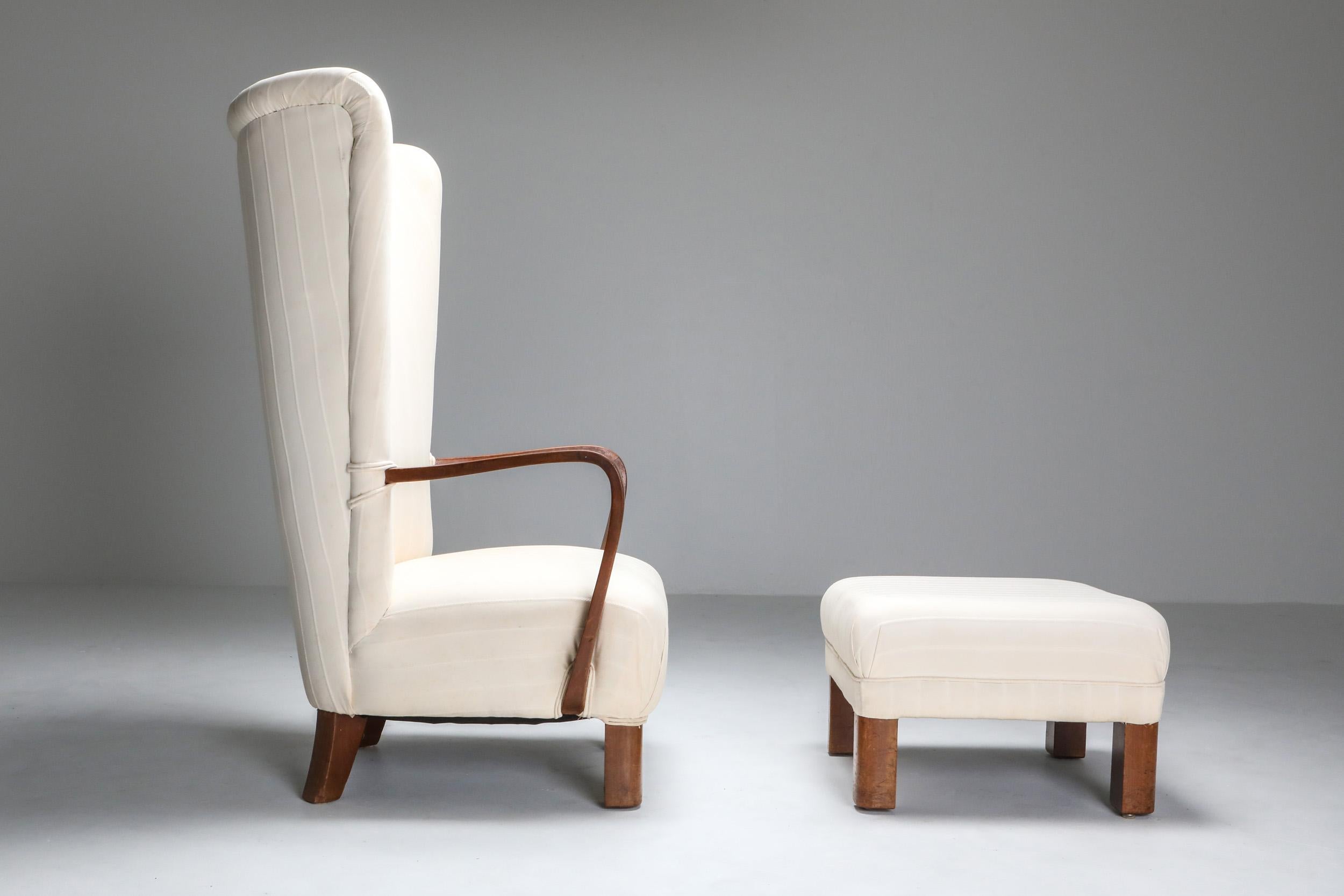 Scandinavian Danish White High Back Lounge Chair with Pouf