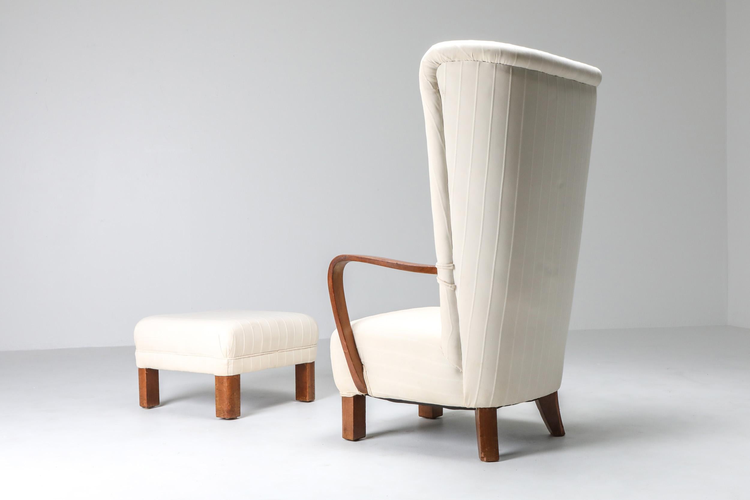 Mid-20th Century Danish White High Back Lounge Chair with Pouf