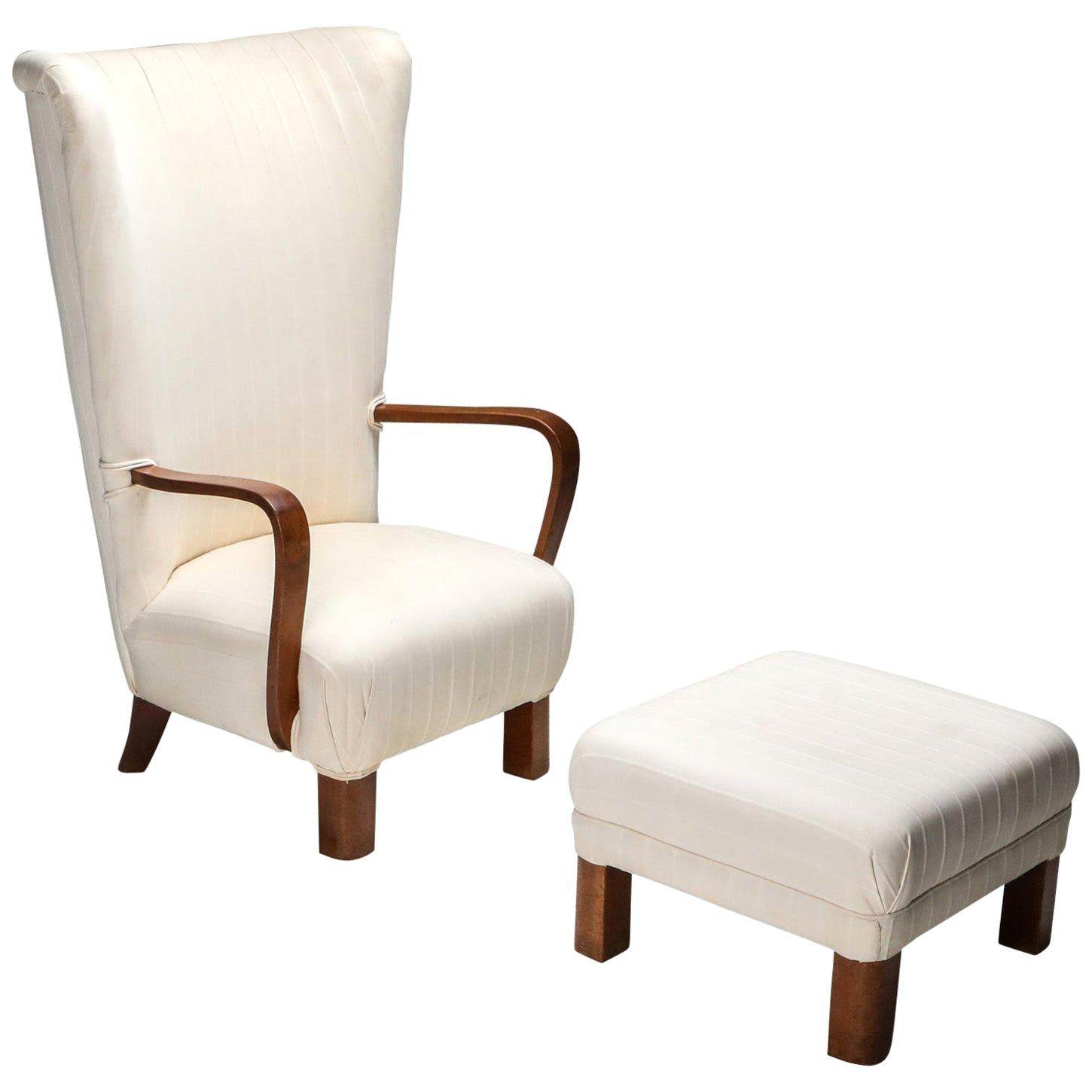 Danish White High Back Lounge Chair with Pouf