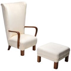 Danish White High Back Lounge Chair with Pouf