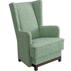 Danish Wing Back Chair in Green Floral Upholstery