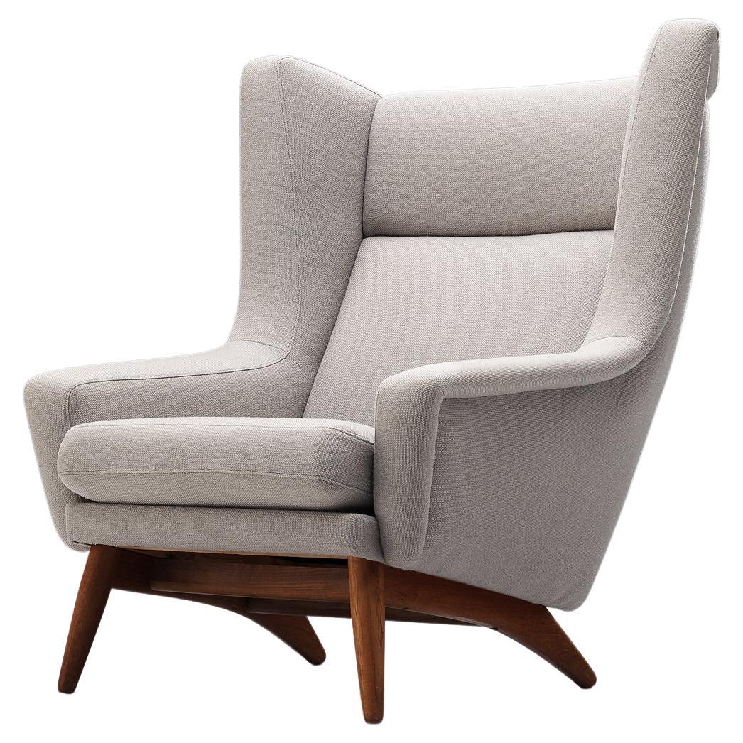 Danish Wing Back Chair in Teak and Light Grey Upholstery For Sale
