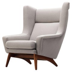 Used Danish Wing Back Chair in Teak and Light Grey Upholstery