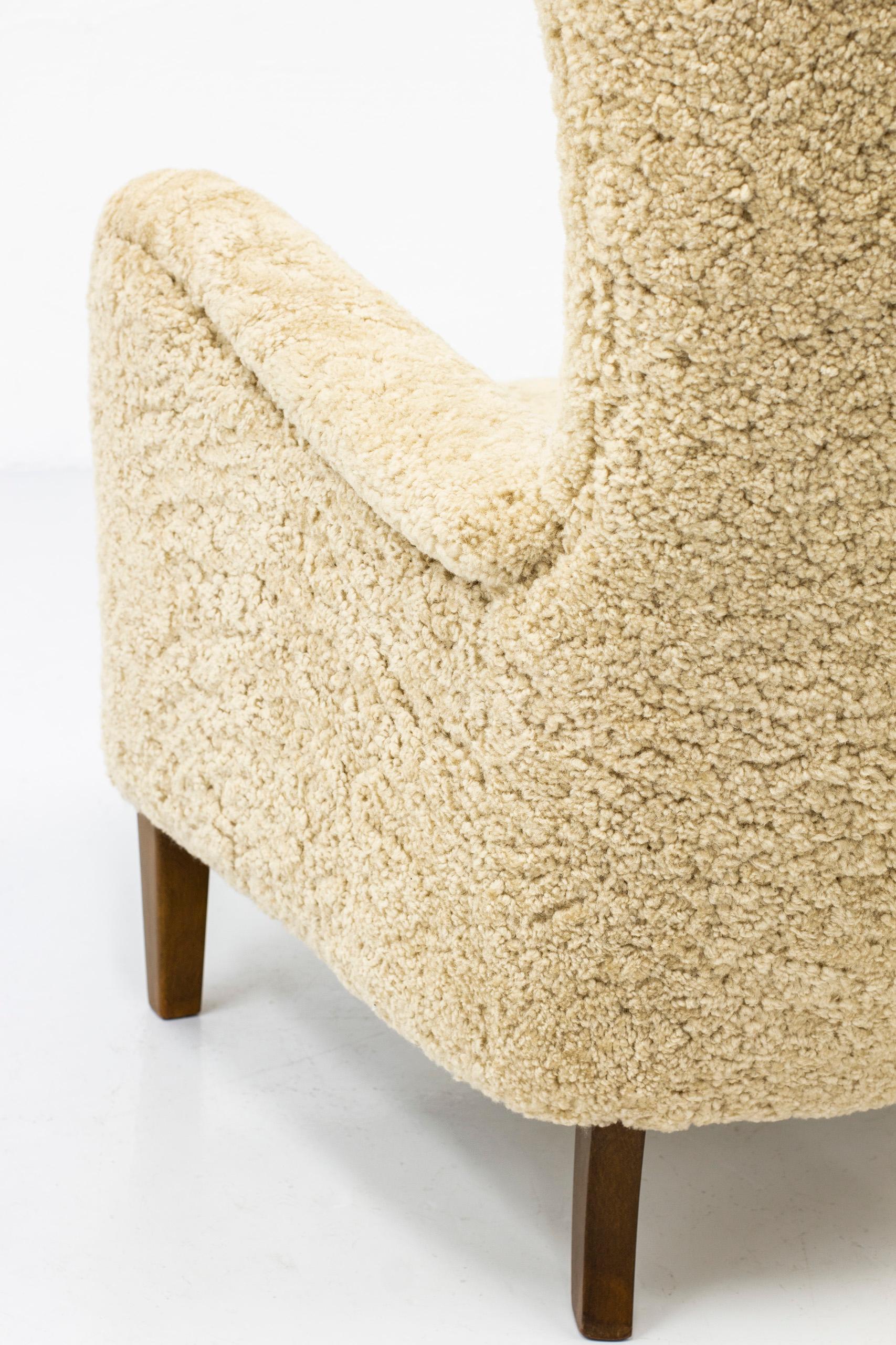 Danish Wing Back Chair with Sheep Skin in the Manner of Frits Henningsen 3