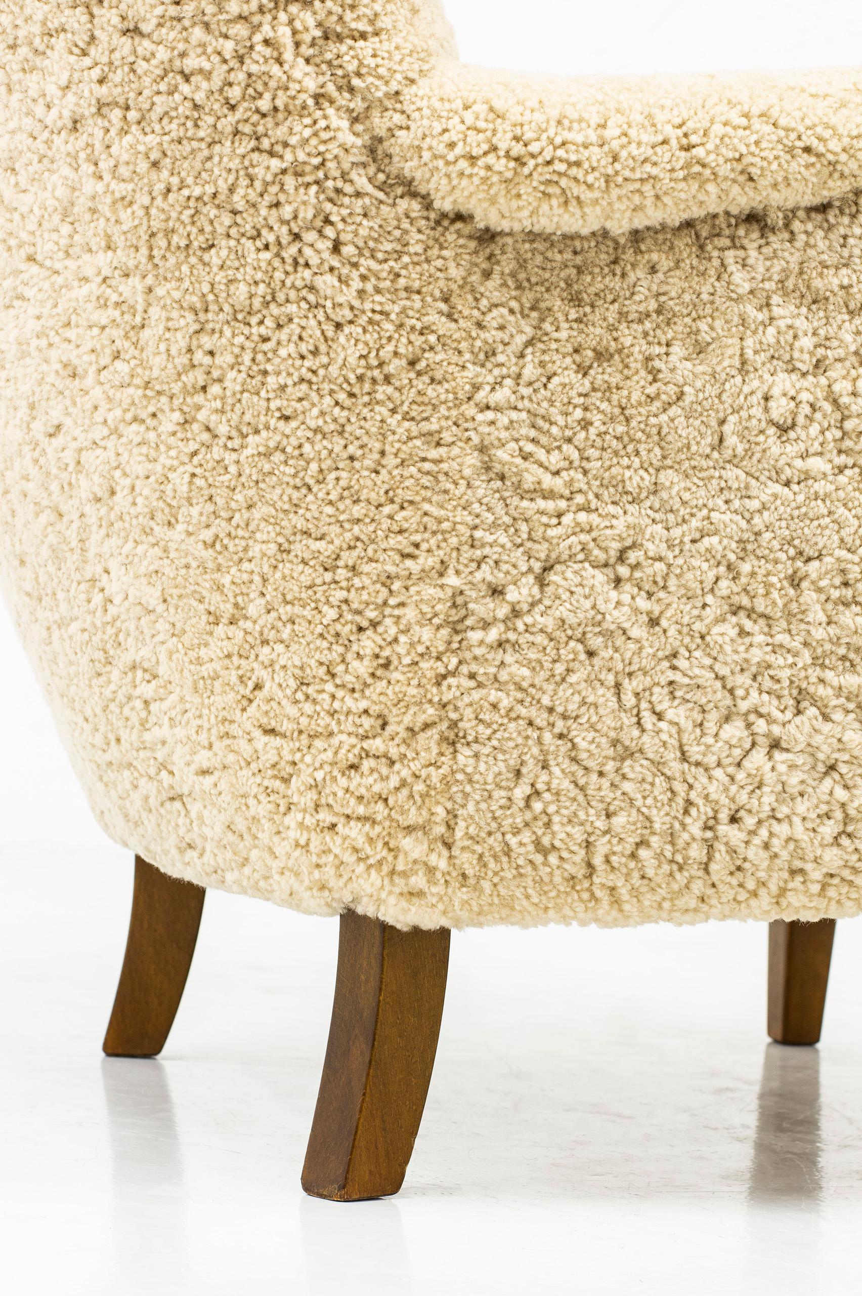 Danish Wing Back Chair with Sheep Skin in the Manner of Frits Henningsen 7