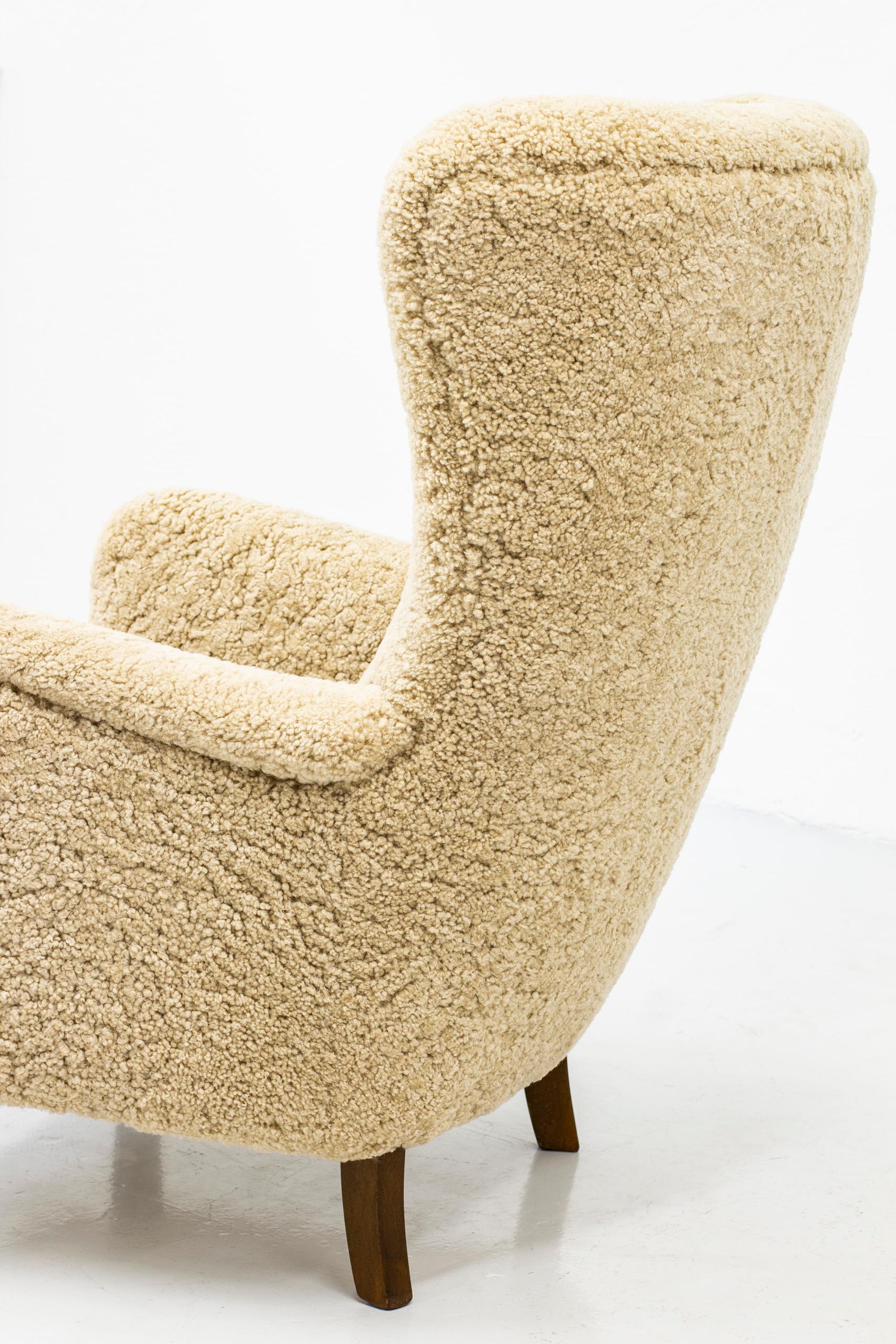 Danish Wing Back Chair with Sheep Skin in the Manner of Frits Henningsen 2