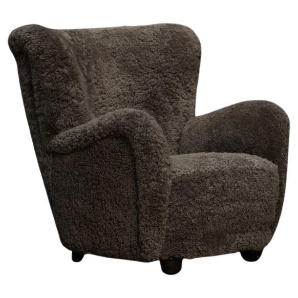 Danish Wing Chair in Mushroom Shearling For Sale