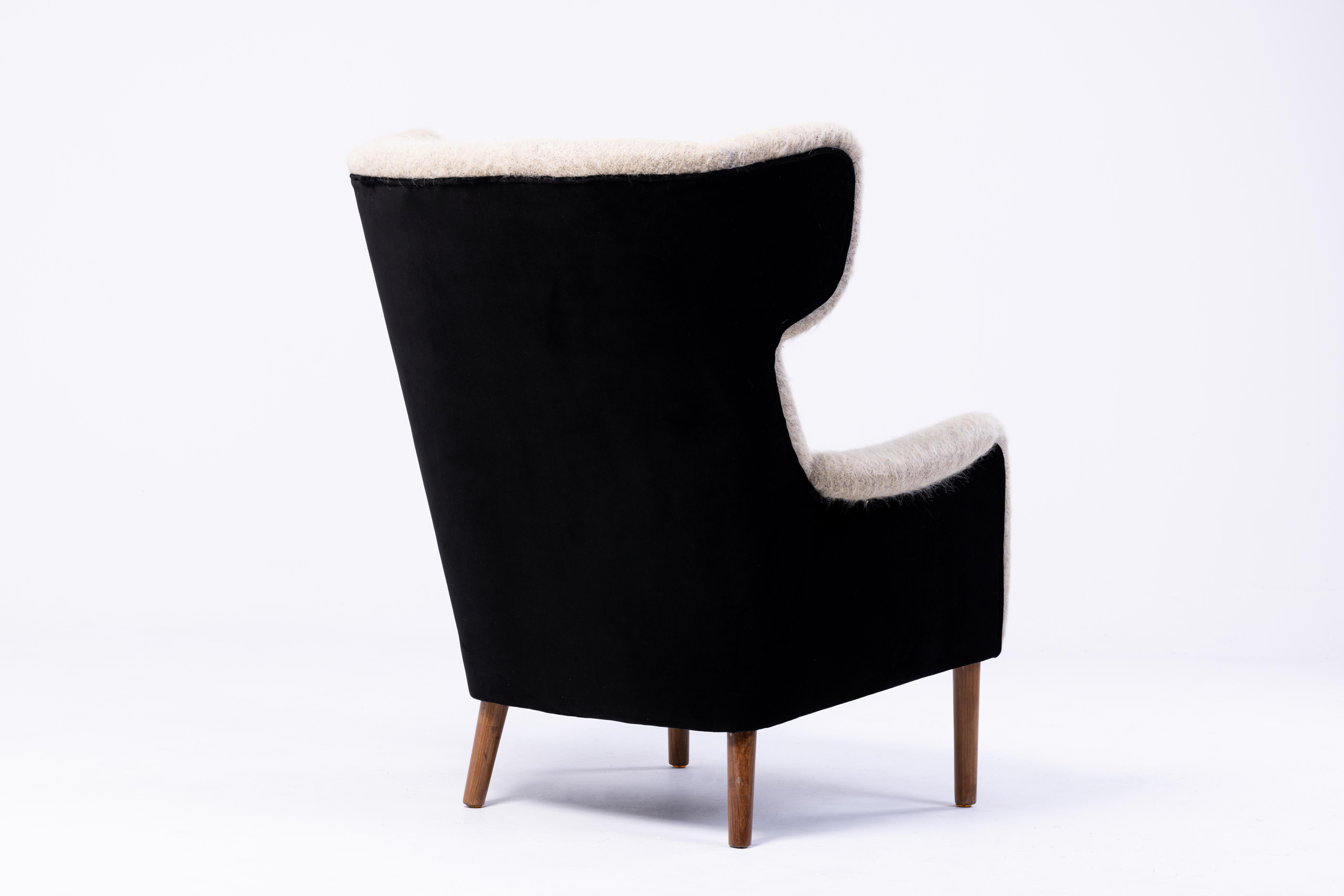 Velvet Danish Wingback Armchair, 1950s, in Hèrmes and Pierre Frey Fabric
