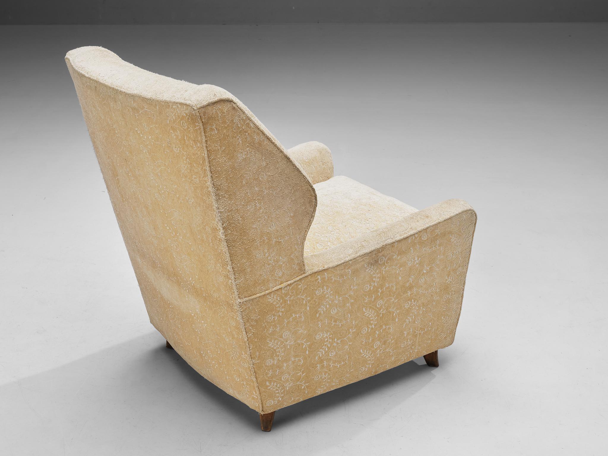 Fabric Danish Wingback Chair in Beige Floral Upholstery