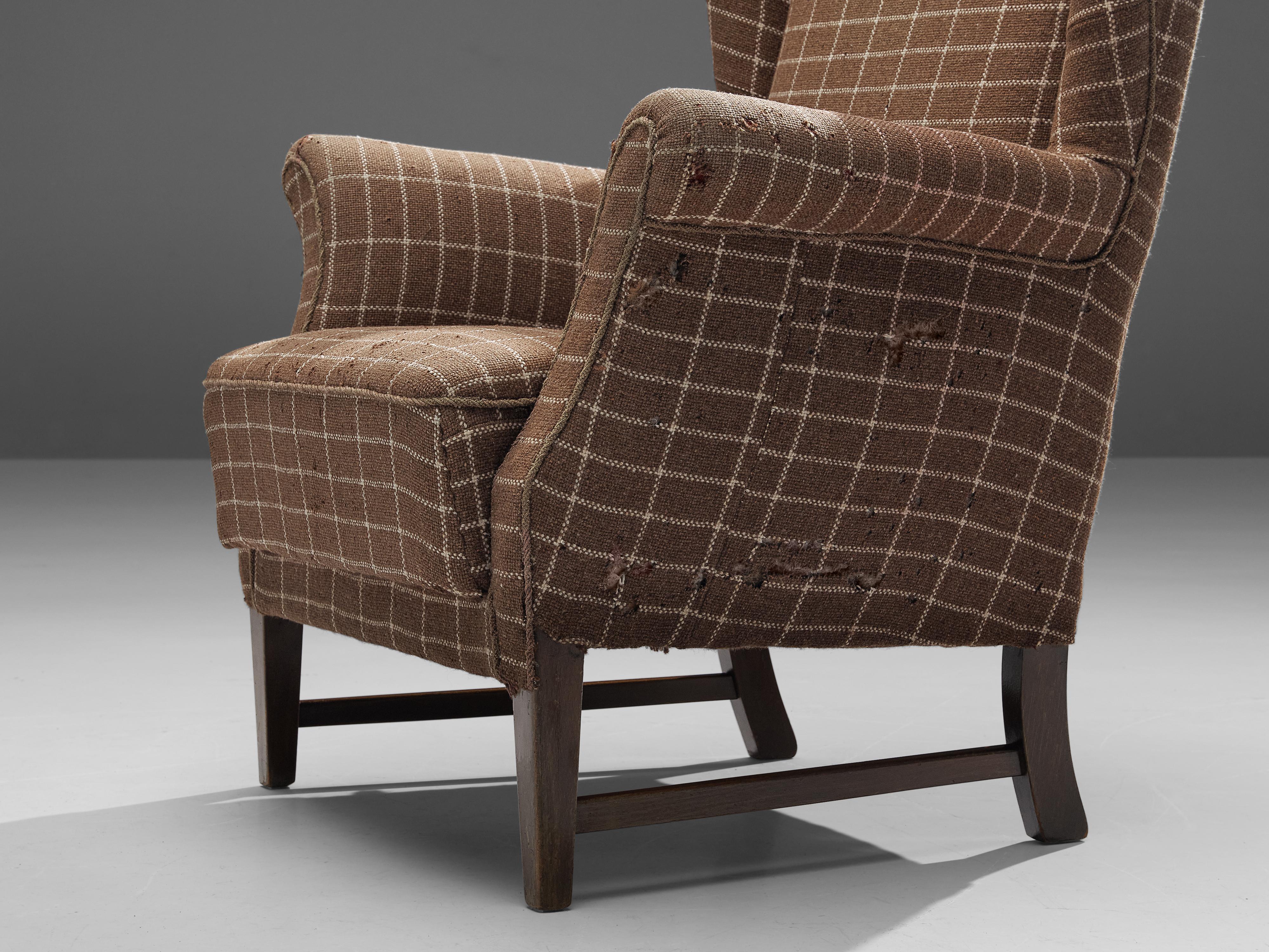 Danish Wingback Chair in Brown Checkered Upholstery 3
