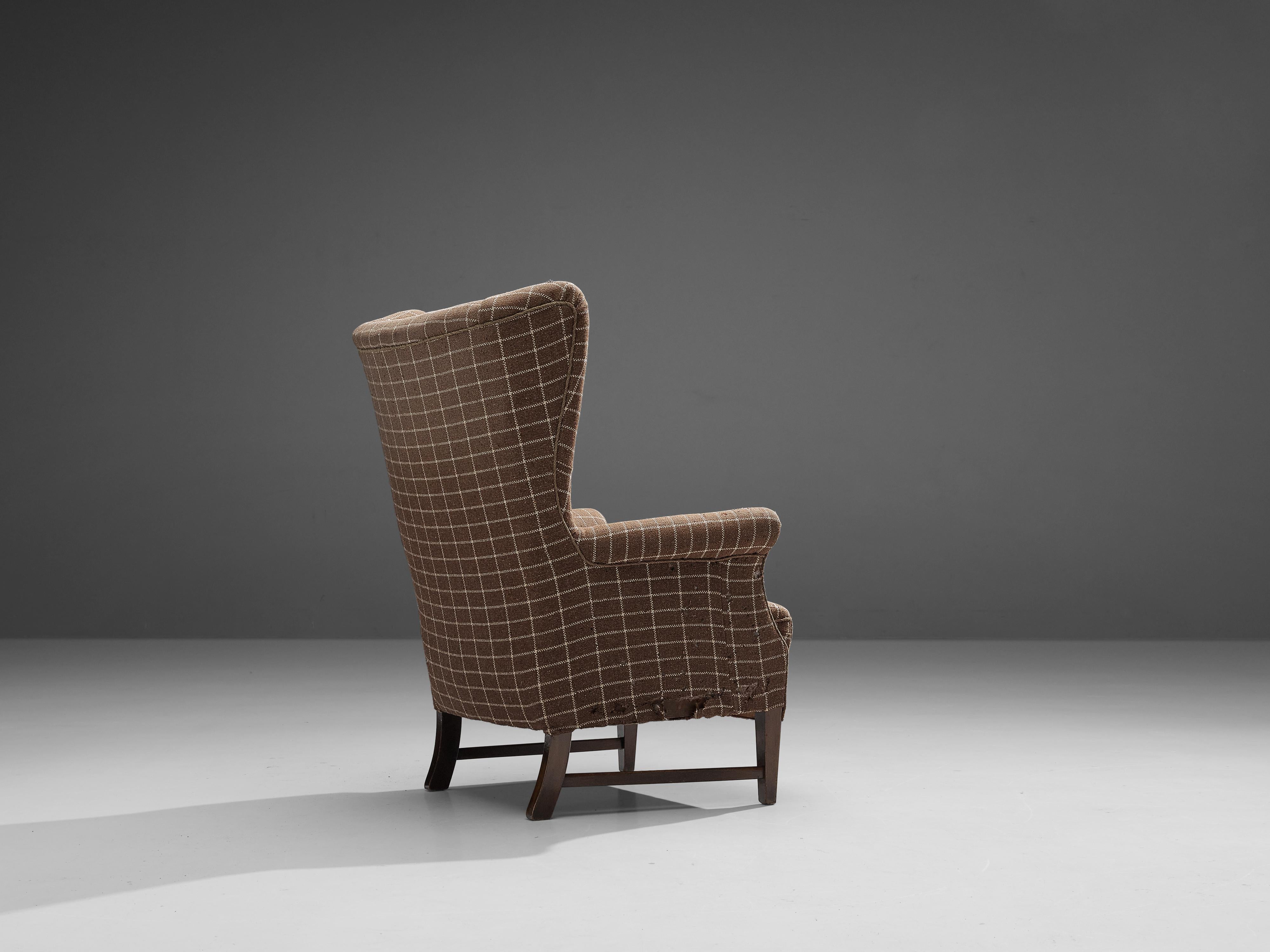 Mid-Century Modern Danish Wingback Chair in Brown Checkered Upholstery