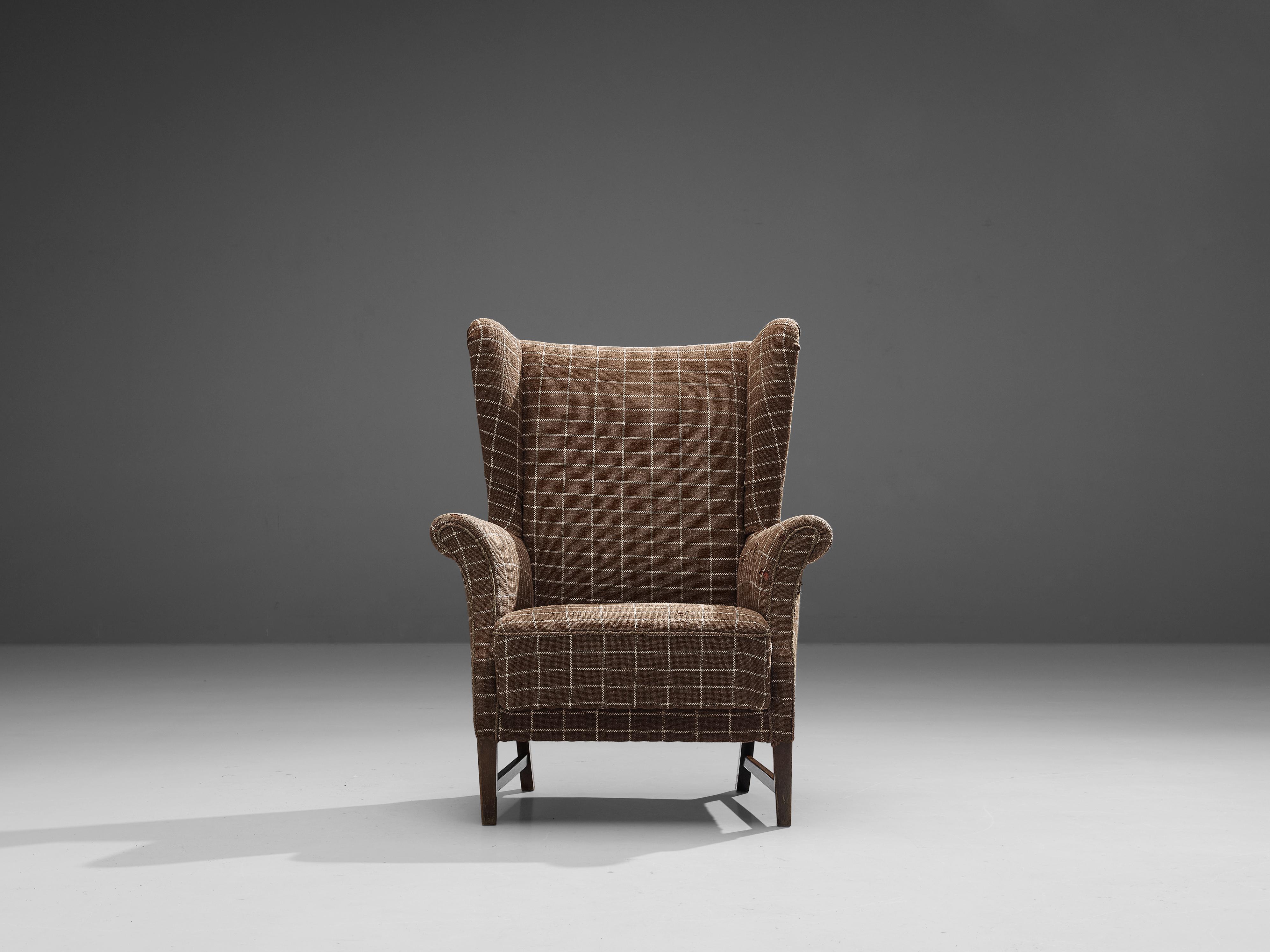 Danish Wingback Chair in Brown Checkered Upholstery In Good Condition In Waalwijk, NL